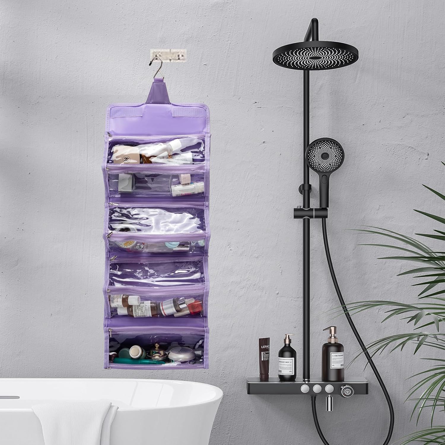 ROYALFAIR Roll Up Makeup Bag, Waterproof Toiletry Bag for Women, Hanging Travel Organizer bags with Jewelry Organizer Compartment, Extra Large 4 Clear TSA Approved Pouches Cosmetic Makeup (violet)