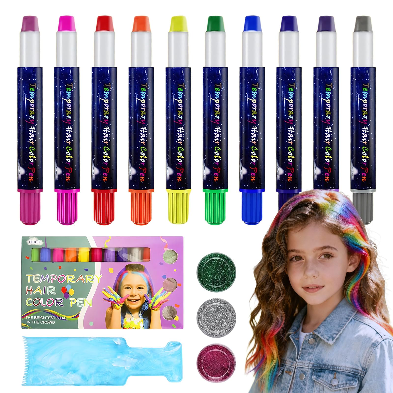 Set Gessetti Colorati per Capelli, 10 Colori Temporanei Lavabili, Gessetti per Capelli per Bambini e Ragazze, Ideali per Feste, Carnevale e Regali, con Palette di Tinte per Capelli Blu