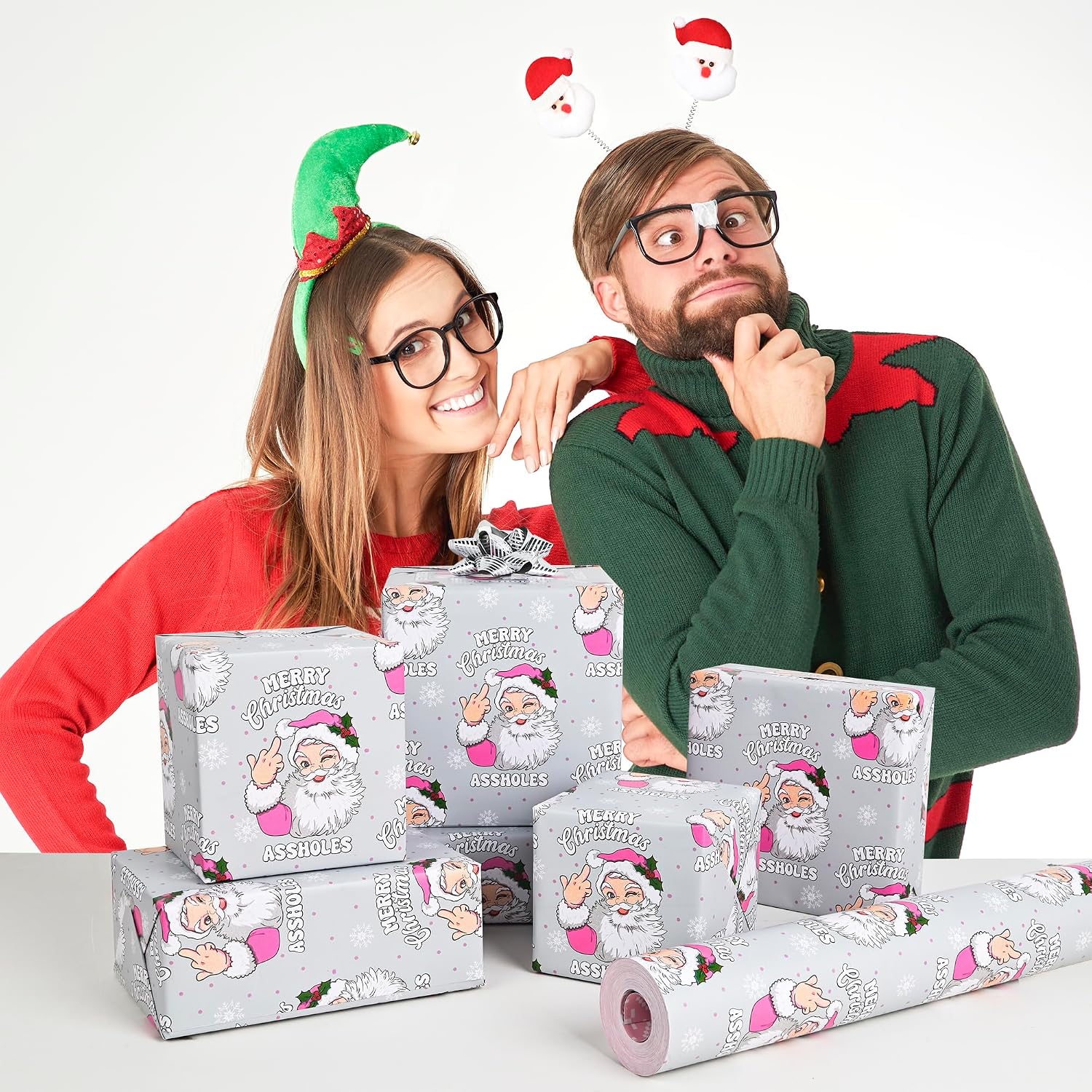 Vnaaem Funny Christmas Wrapping Paper Jumbo Roll for Men Women Adult (Funny Santa - Grey, 17 In X 16.5 Ft) image 5