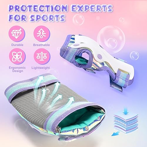 Miniatura 7 de NEMONE Rodilleras de sirena para niños, juego de rodilleras, coderas y muñequeras para niñas y niños con bolsa de cordón, juego de equipo de Púrpura