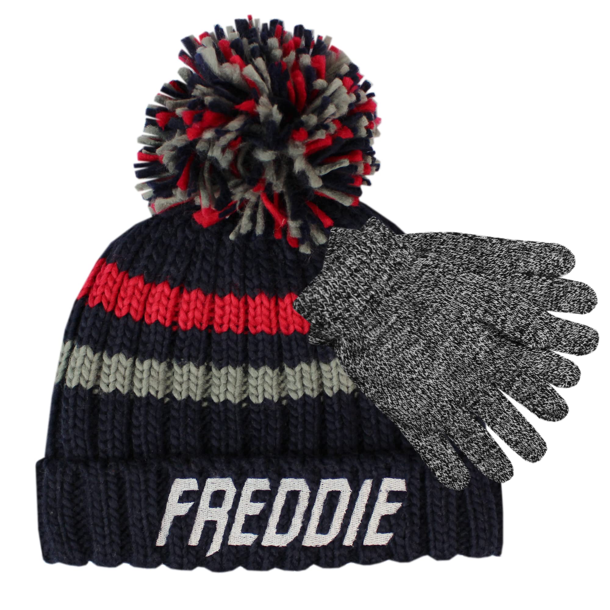 Teddyts Boys Black 'S Striped Navy & Raspberry Chunky Knit Bobble Hat With Pom Pom & Grey Glove Set (2-6 Years)