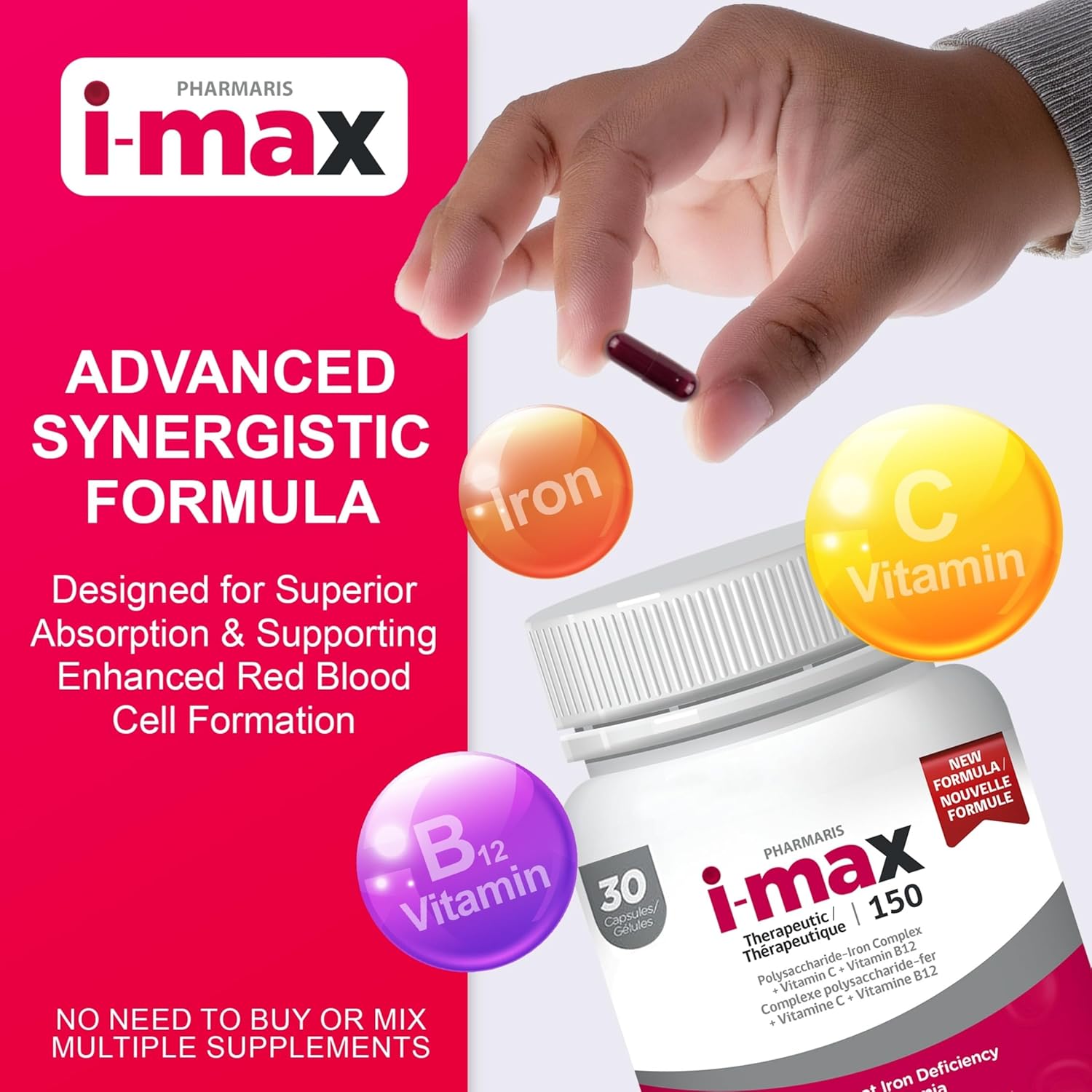 i-max Iron Supplement 150 mg, Vitamin C 250 mg & B12 1000 mcg, Iron Supplement Treatment for Women & Men, Once Daily, 30 Capsules - Image 4