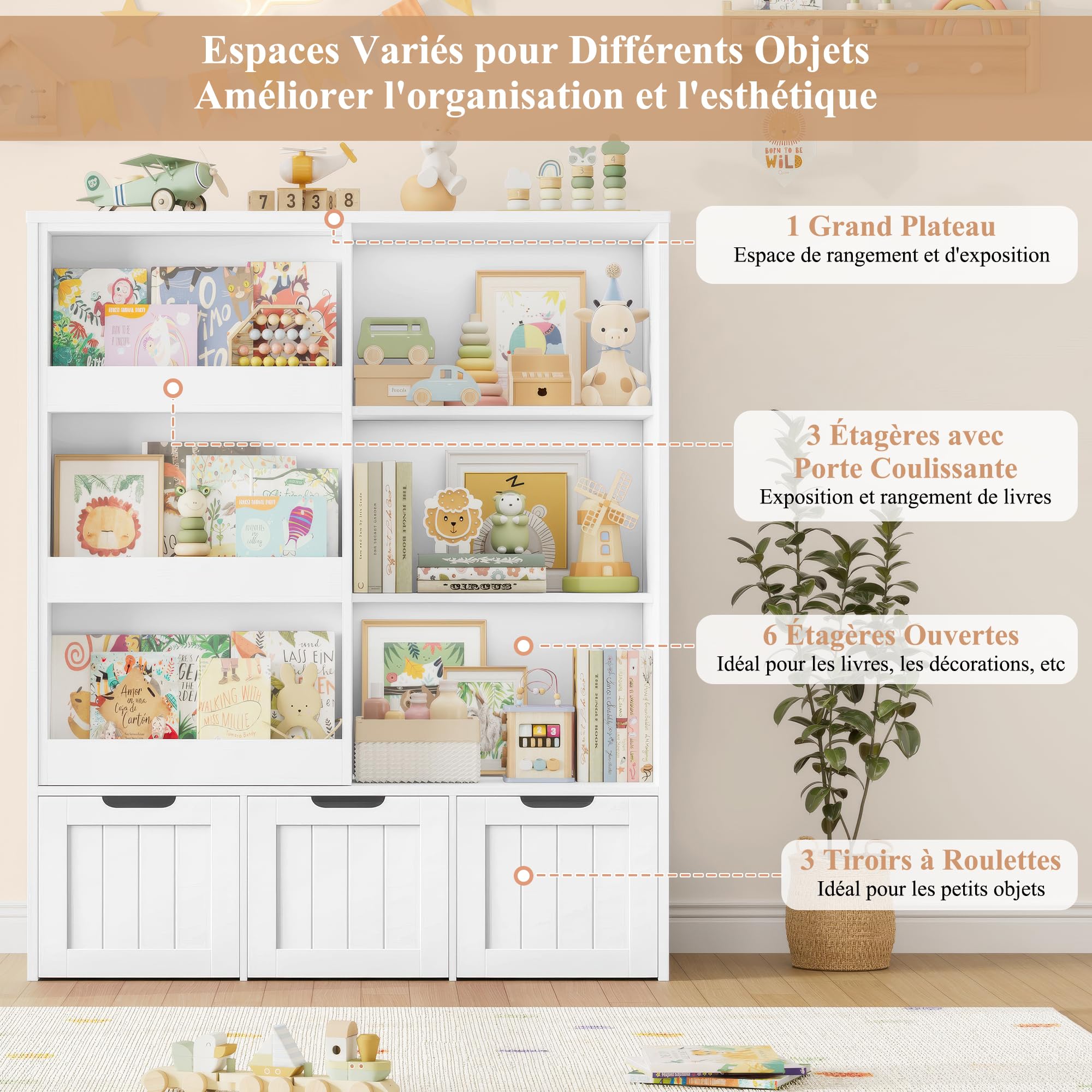 FOREHILL Bibliothèque Enfant avec Porte Coulissante Meuble Rangement Enfant avec 10 Étagères 3 Tiroirs Roulants Meubles Rangement Jouet pour Chambre d’Enfants 120,5x37x100cm Blanc