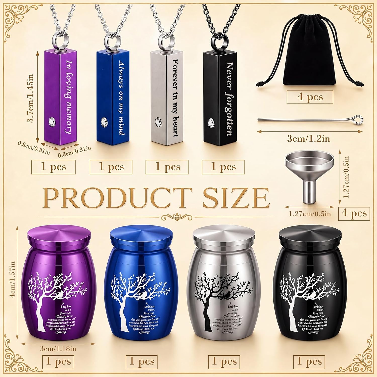 4 Sets 3 Inches Small Urns for Human Ashes, Urn and Necklace Set, 4 Color