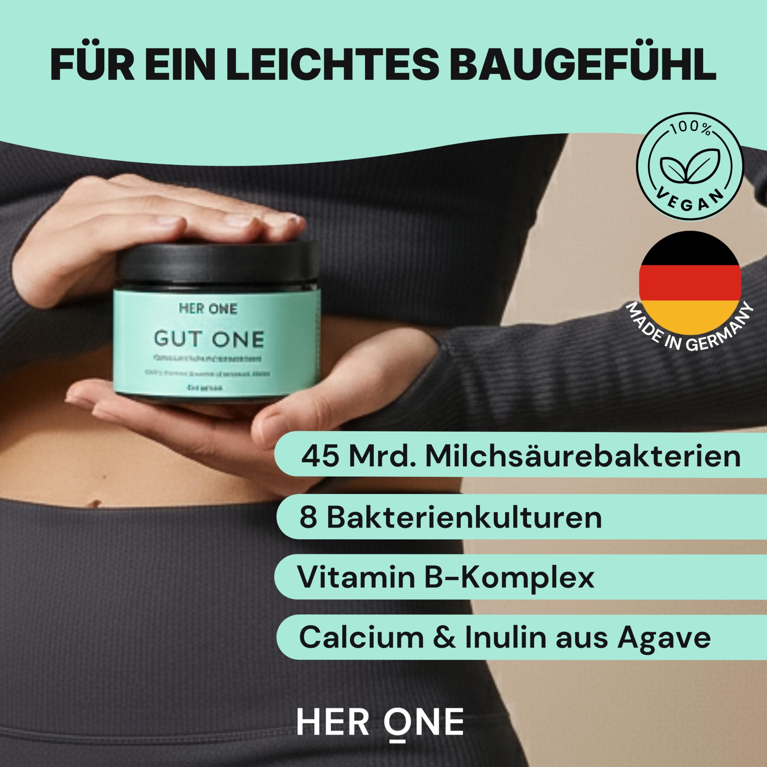HER ONE GUT ONE Kulturen Komplex & Vitamine B6 + B12 | 45 Mrd. Milschsäurebakterien + Inulin, Calcium | 60 Vegane Kapseln | Für Haut, Energie & Wohlbefinden | Laborgetestet & Magensaftresistent