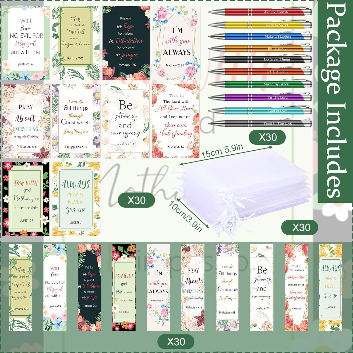 Sinmoe 120 Pcs Mother's Day Christian Bible Gifts Set Christian Bookmarks with Inspirational Ballpoint Pens Floral Religious Scripture Notebooks Organza Bags for Church Women Men(Bright Color,Novel) - Image 3