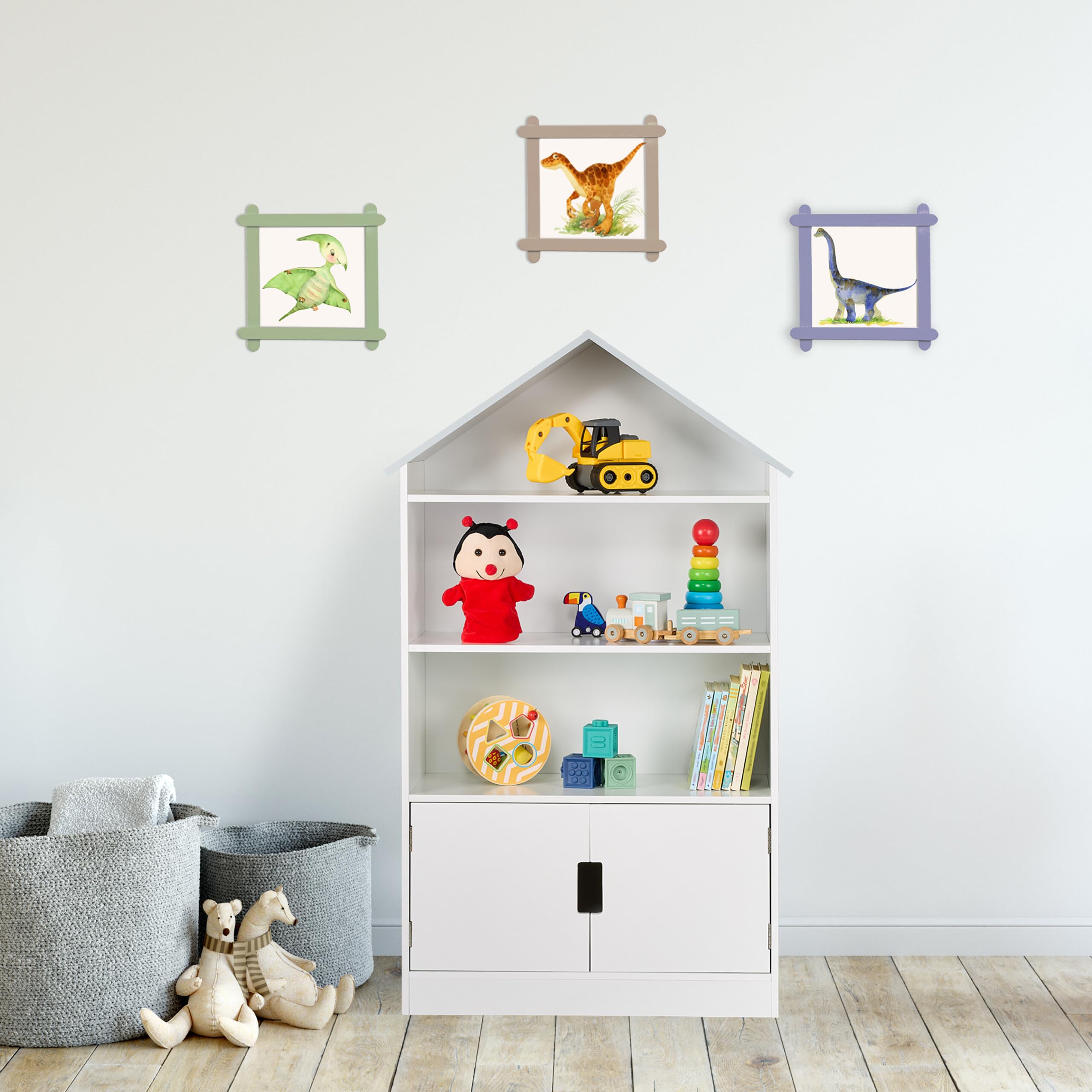 Relaxdays Kinderregal, Hausförmiges Bücherregal, 3 offene Fächer, 1 geschlossenes Fach, HBT: 115 x 68 x 28 cm, weiß/grau