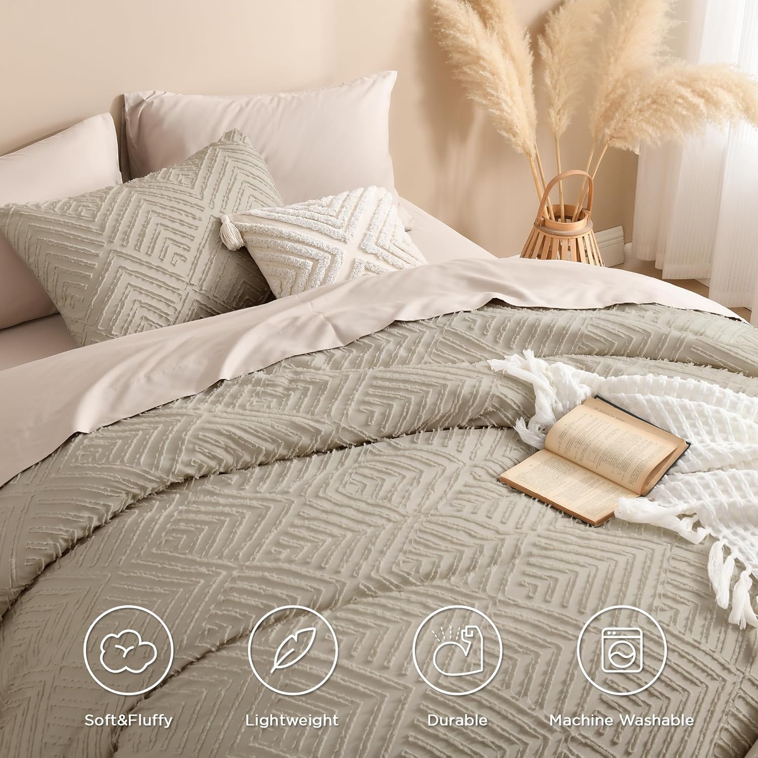 Andency Oatmeal Comforter California King Size, 3 Pieces Boho Bedding Set & Collections, Farmhouse Tufted Fluffy Bedding Comforter Sets for All Seasons (1 Comforter 104x96In, 2 Pillowcases)