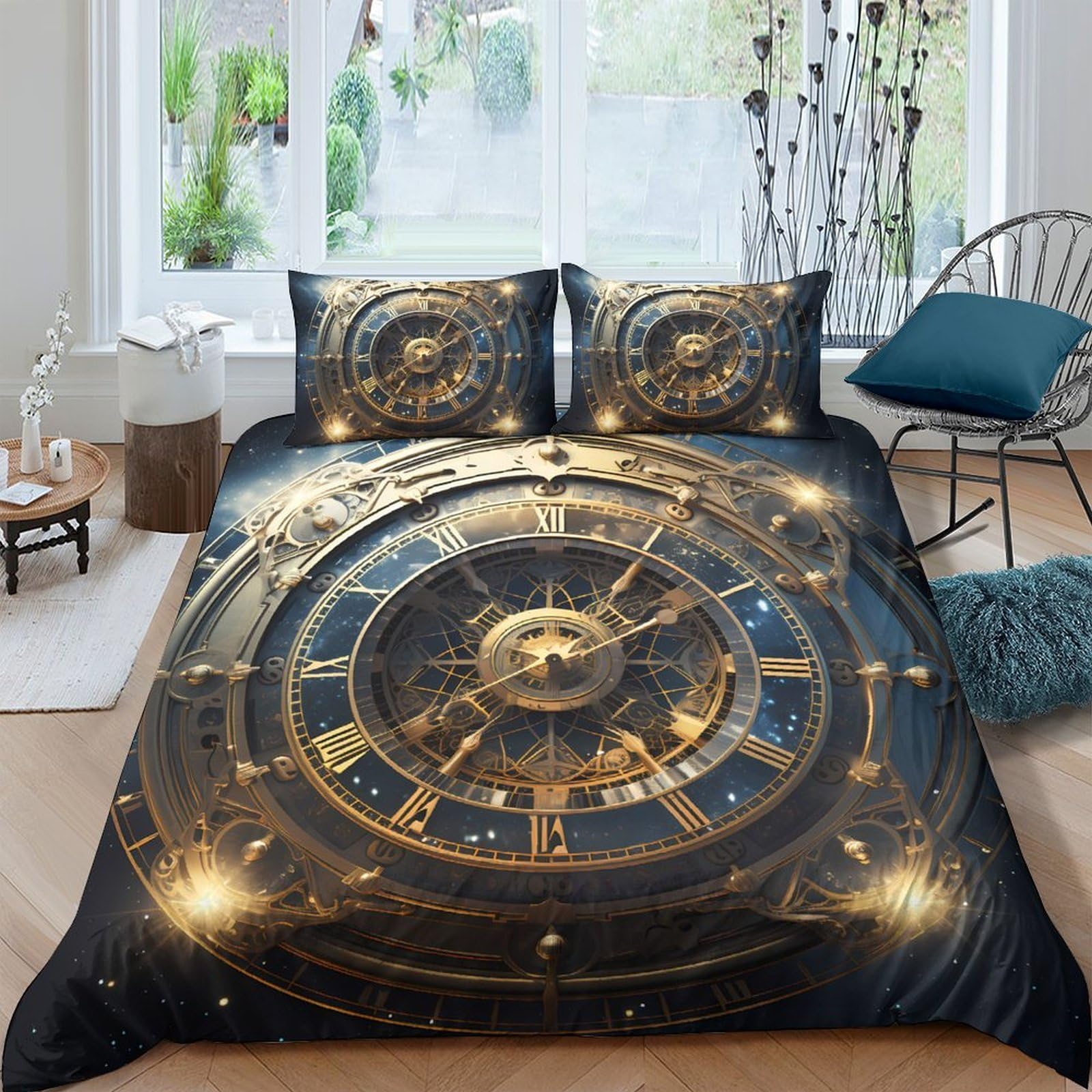 GPLZQXKJNH 3D Printed Astronomical Clock Duvet Cover Microfiber Soft Breathable Vintage Gold Bedding Set with 2 Pillowcases for Bedroom Decor Single（135x200cm）