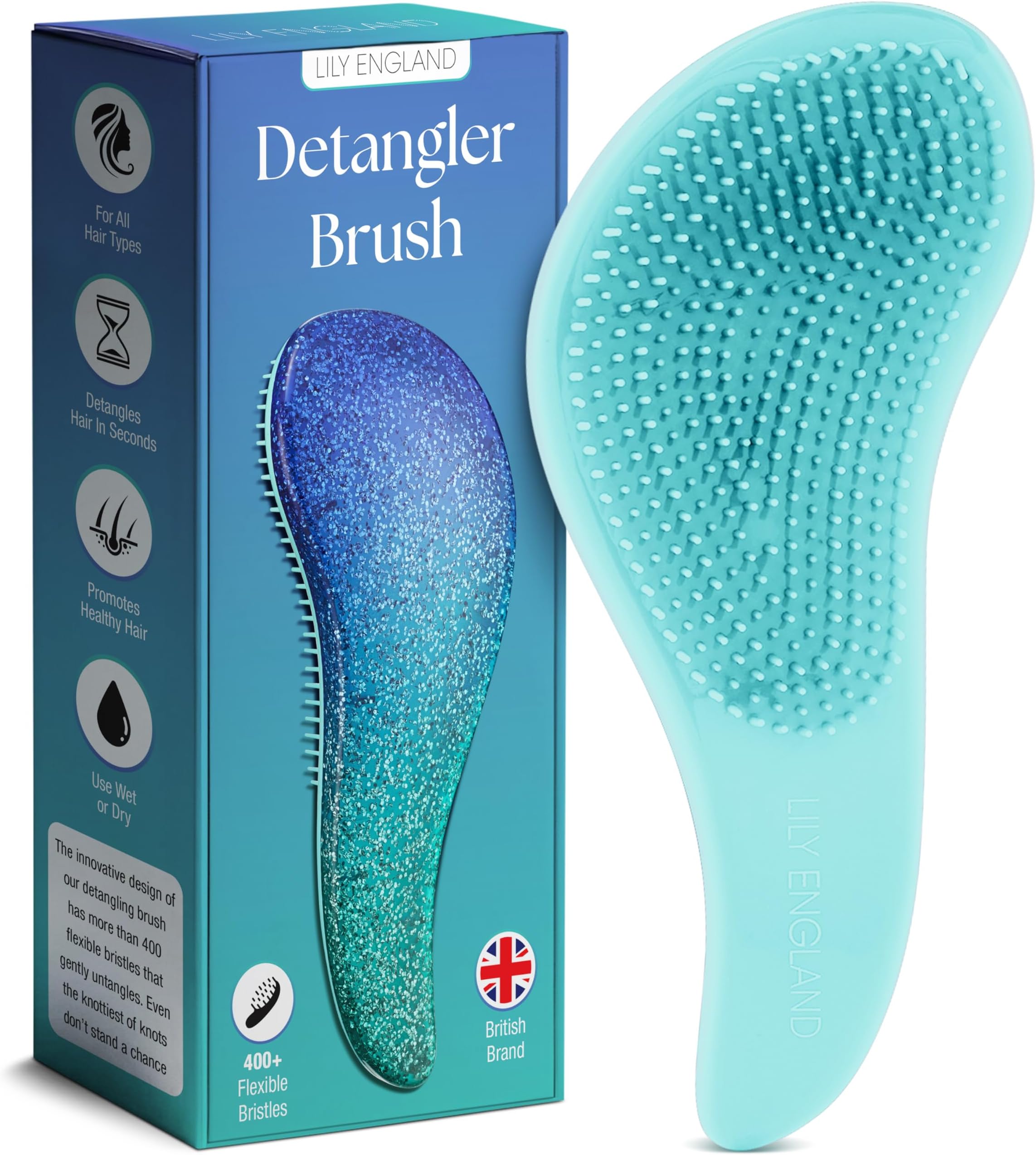 Lily England Detangler Brush for Thick Hair, Curly, Straight & Natural Hair - Gentle Detangling Hair Brush for Women, Kids & Toddlers with Flexible Bristles - Hairbrush for Wet/Dry Hair, Blue-Glitter