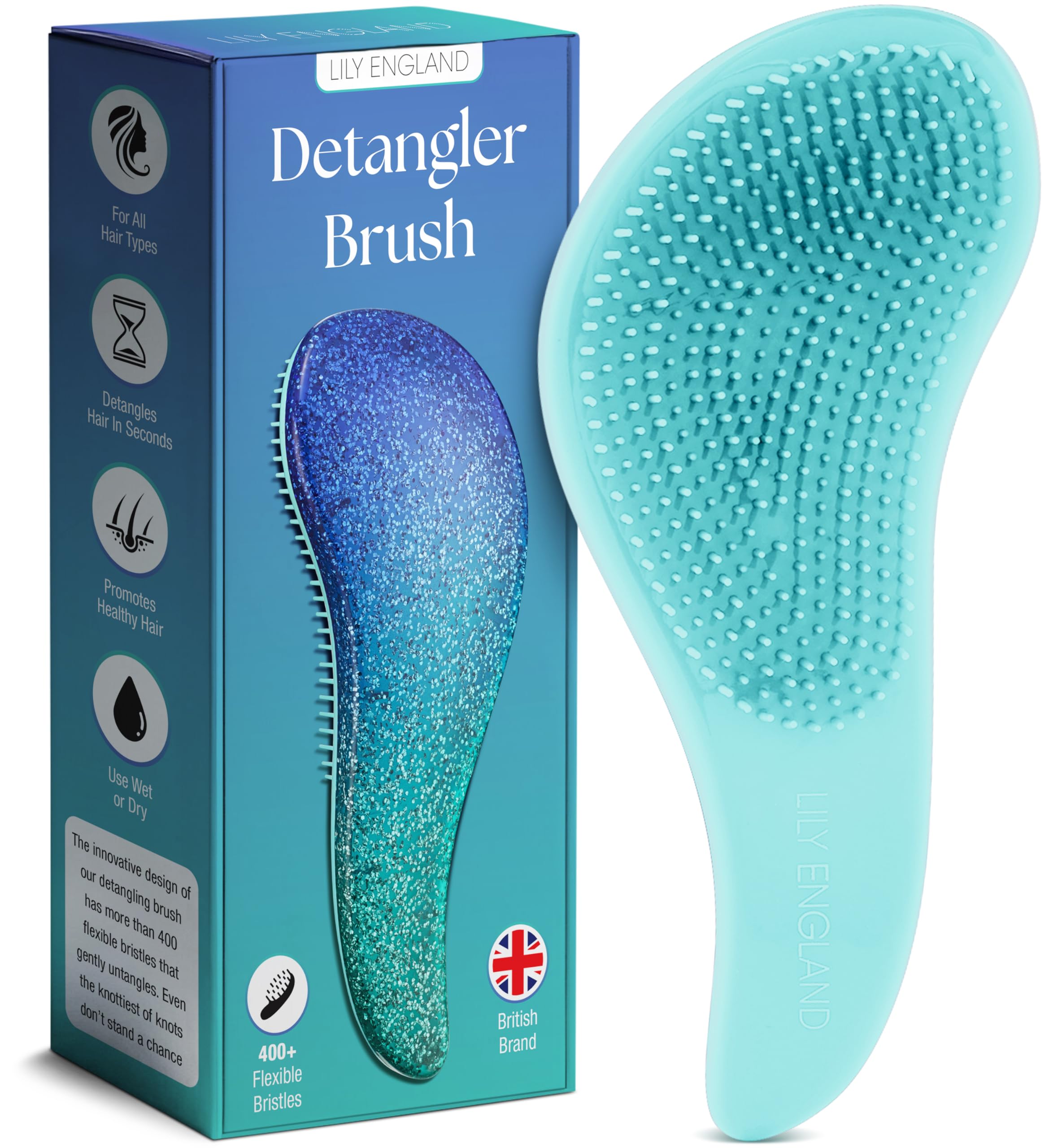Lily England Detangler Hair Brush for Curly, Thick, Straight & Natural Hair - Gentle Detangling Brush for Women, Kids & Toddlers with Flexible Bristles - Smooth Hairbrush for Wet & Dry Hair, Blue