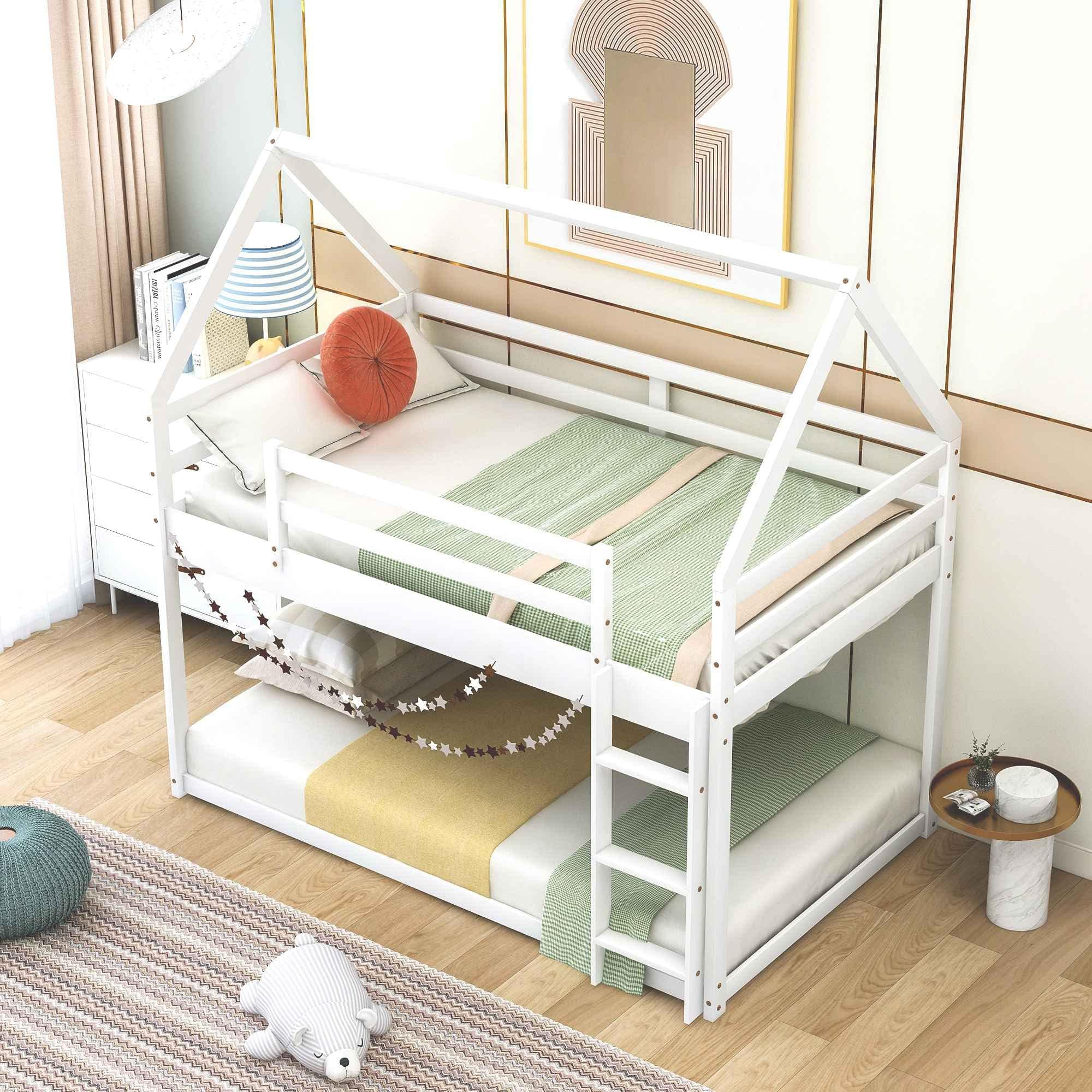 ATY House Low Twin Over Twin Bunk Bed, Bunkbed Fram with Ladder, Safety Guard Rails for Kids Teens Adults No Box Spring Required, Gray