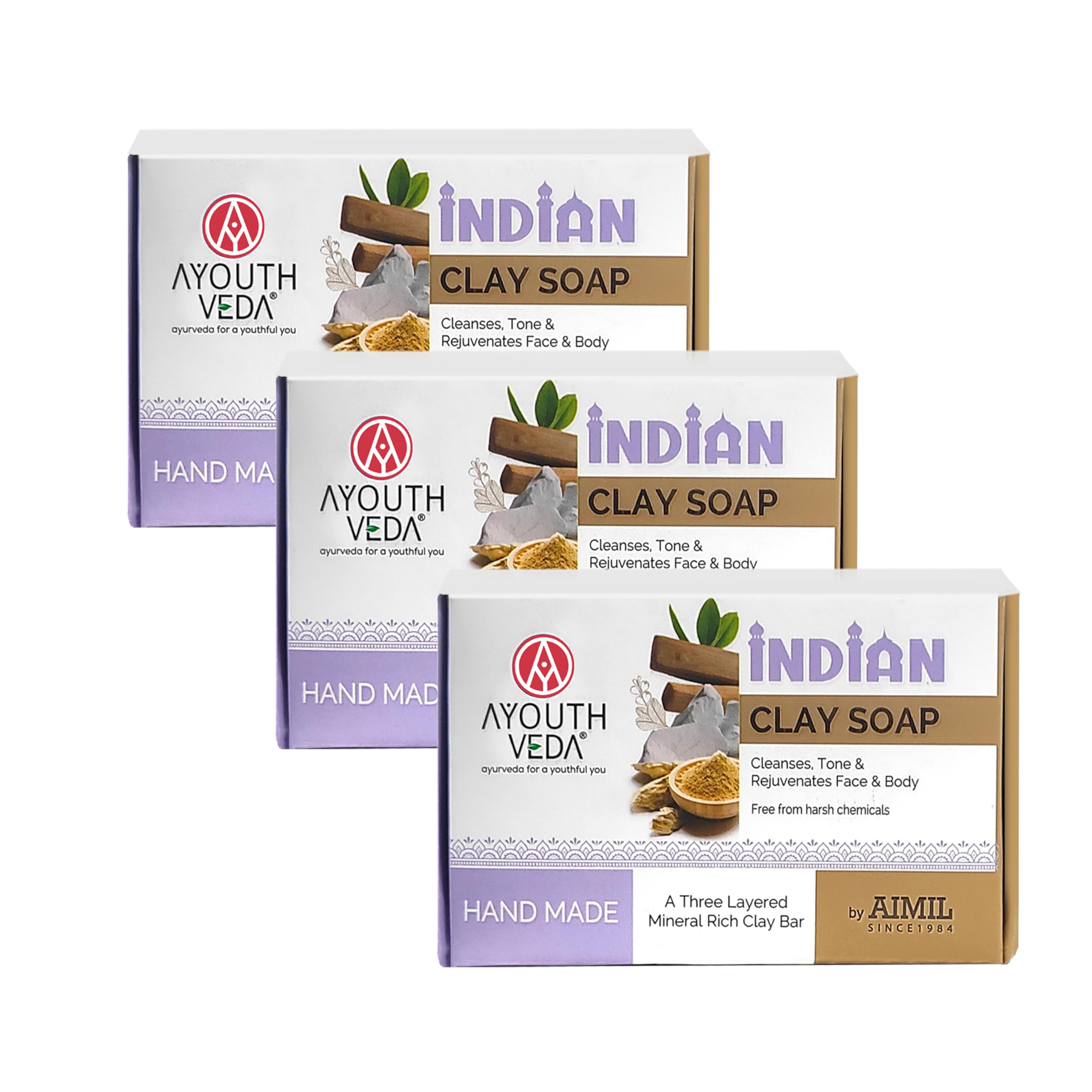 Ayouthveda Handmade Indian Clay Soap | Nourishes Protects & Hydrates Skin | A Three Layered Mineral Rich Clay Bar| Daily use Bar for Both Men & Women (Pack Of 3-110g each)