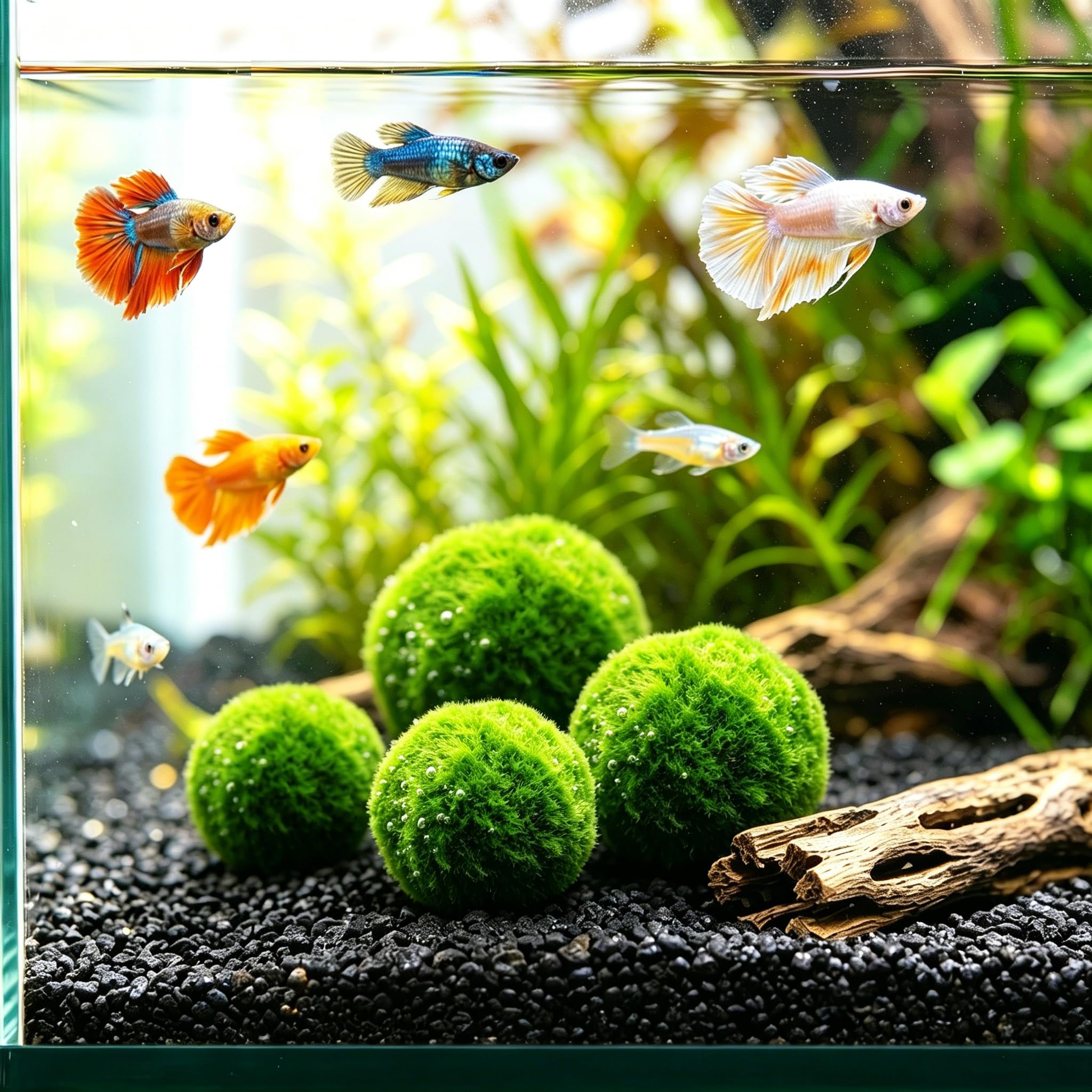 Live Moss Balls, Large Natural Aquarium Plants for Fish Tank Decor, Spherical Green Algae Pebbles for Betta & Shrimp Habitat, Low Maintenance Aquatic Plants for Home Office Glass Bottles