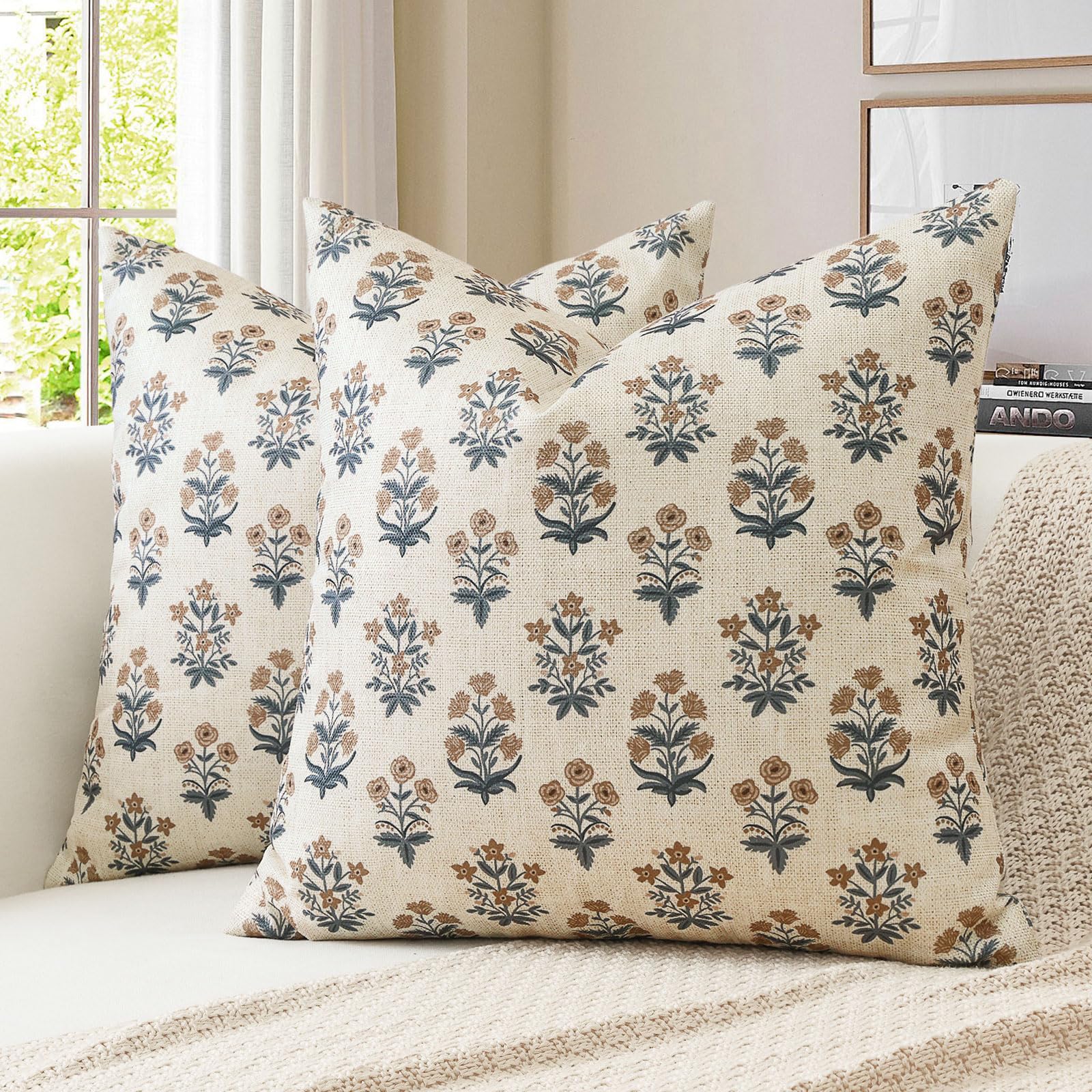 JOTOM Brown Grey Floral Cushion Covers 60x60 cm Set of 2 Double Sided Vintage Flower Printed Pillow Covers Farmhouse Decorative Throw Pillow Cases for Couch Sofa Bedroom (Brown Grey)