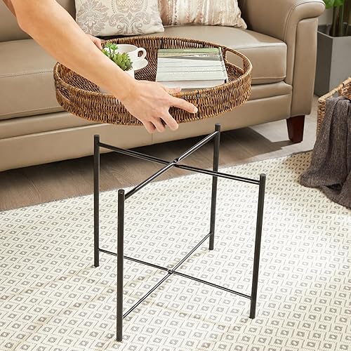 Miniatura 5 de JYXIN Mesa auxiliar de ratán, mesa auxiliar de ratán, mesas auxiliares tejidas para sala de estar, mesa auxiliar redonda tejida de ratán, mesa