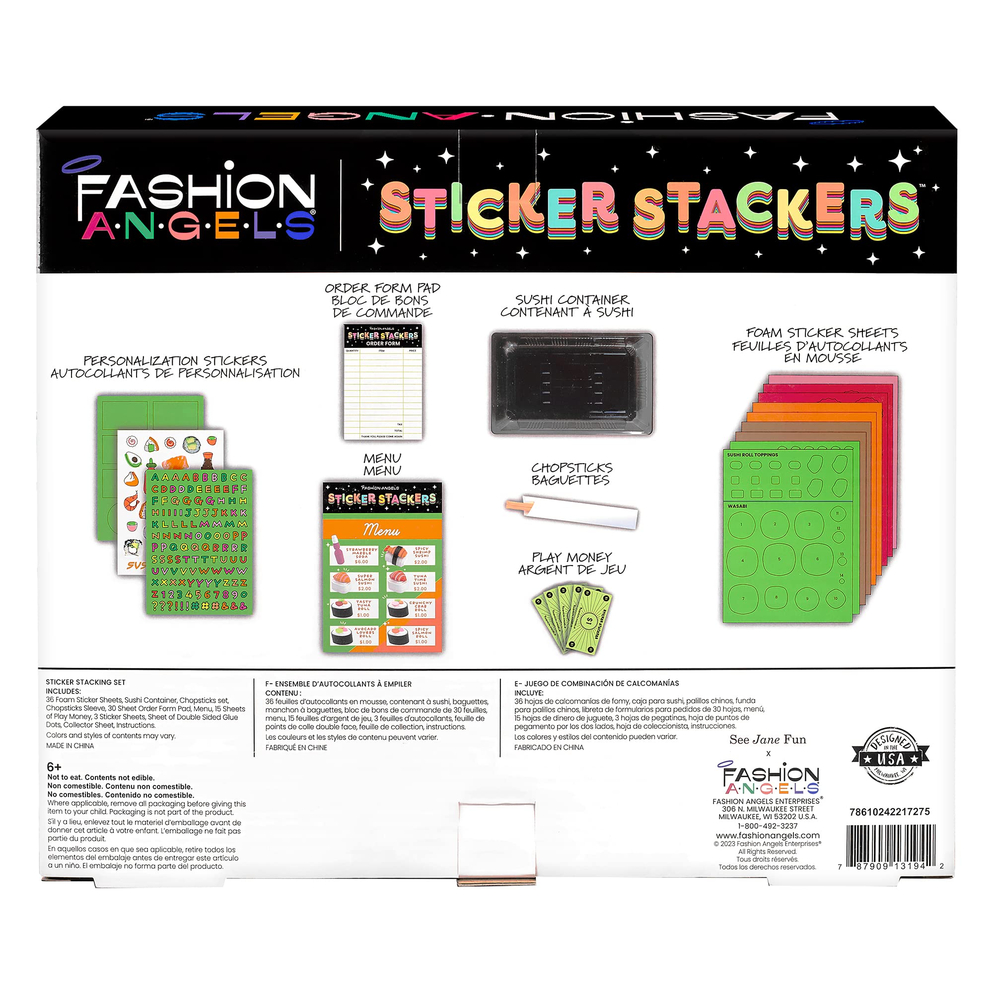 Fashion Angels - Sticker Stackers Set Sushi, Adesivi in ​​Schiuma per creare in 3D, Cibo Giocattolo per Bambini, gioco STEM, Attività Creativa, da 8 anni, F13194