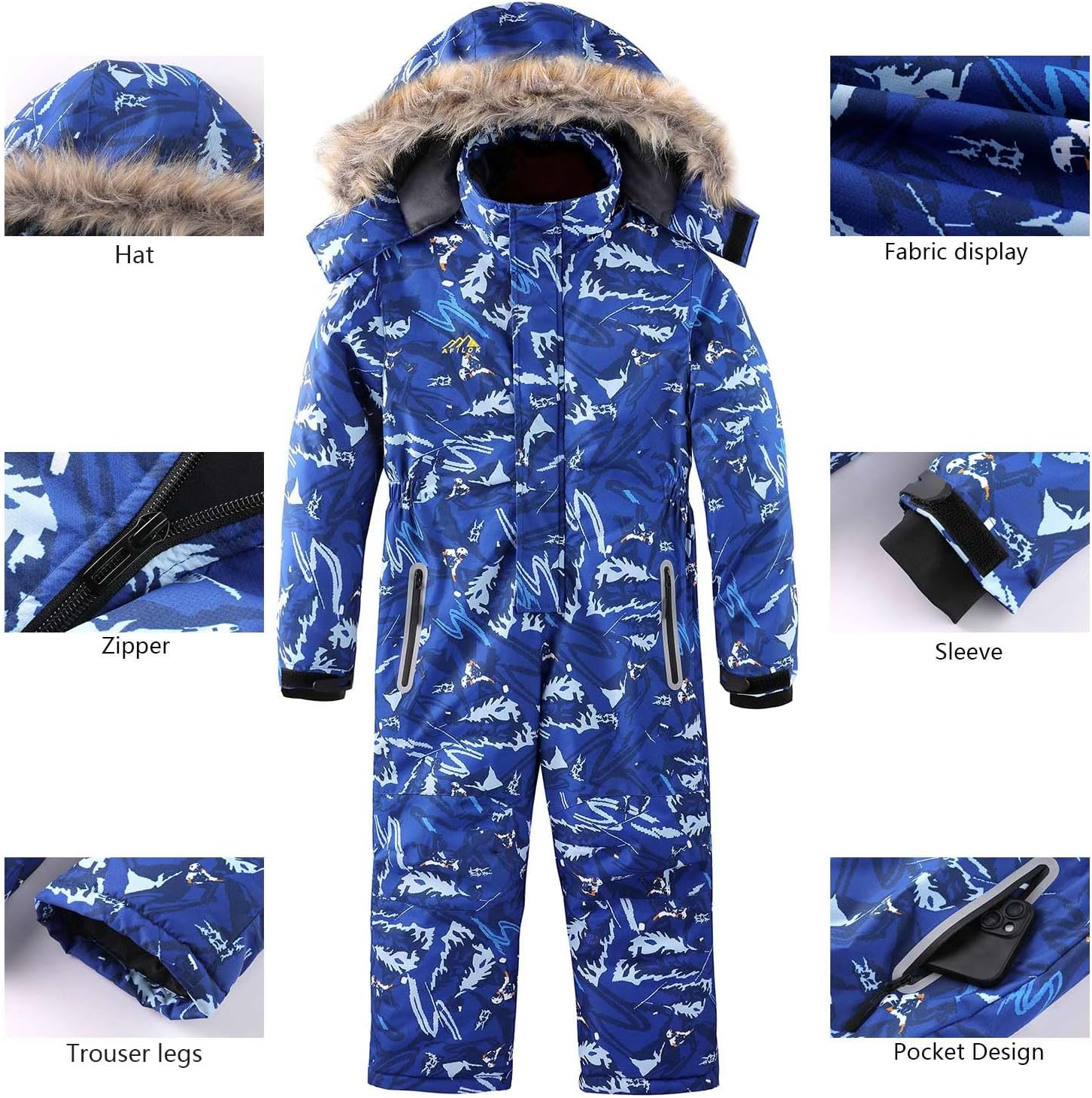 AFILOK Kid's Winter Overalls Ski Suits Boy's and Girl's Waterproof Snowboard Jumpsuits One Piece Snowsuit Jackets Coats