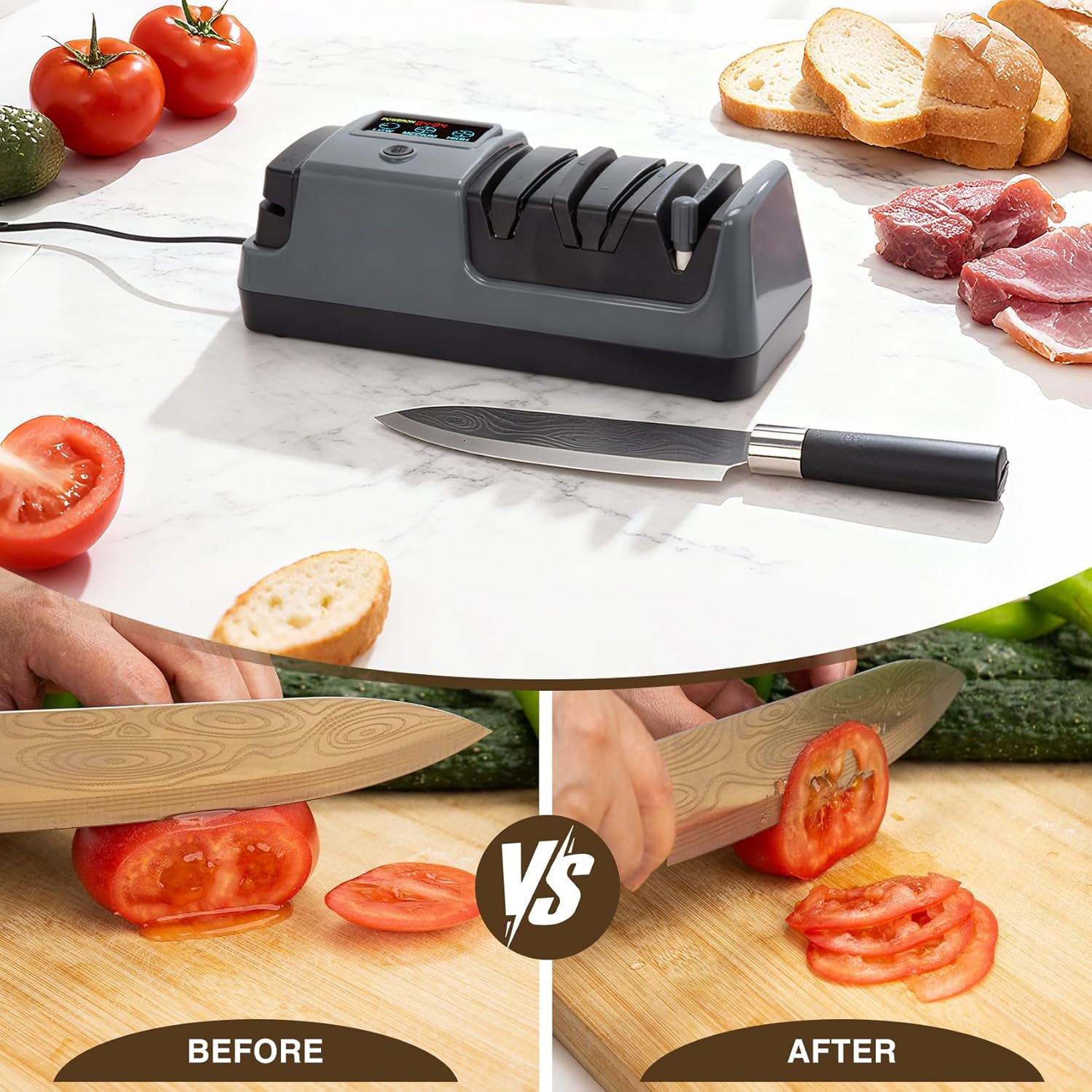 Professional 3-Stage Electric Knife Sharpener for Kitchen Knives, LCD Screen, 100% Diamond Abrasive, Adjustable Rotational Speed, Precision Angle Guides for All Kitchen Knives