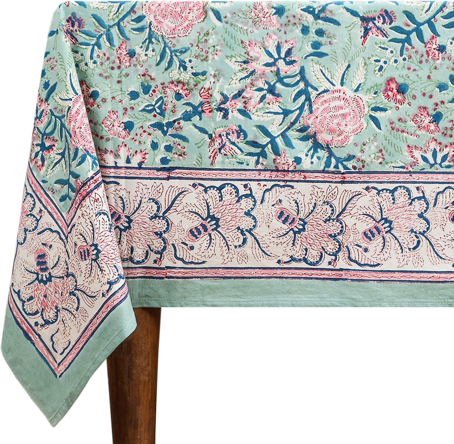 60x60 Inches Square Hand Block Printed Cotton Tablecloth, Pink Green Floral Table Cloths Washable, Indian Table Linen for Valentine Thanksgiving Gifts Home Decor Dinning Outdoor