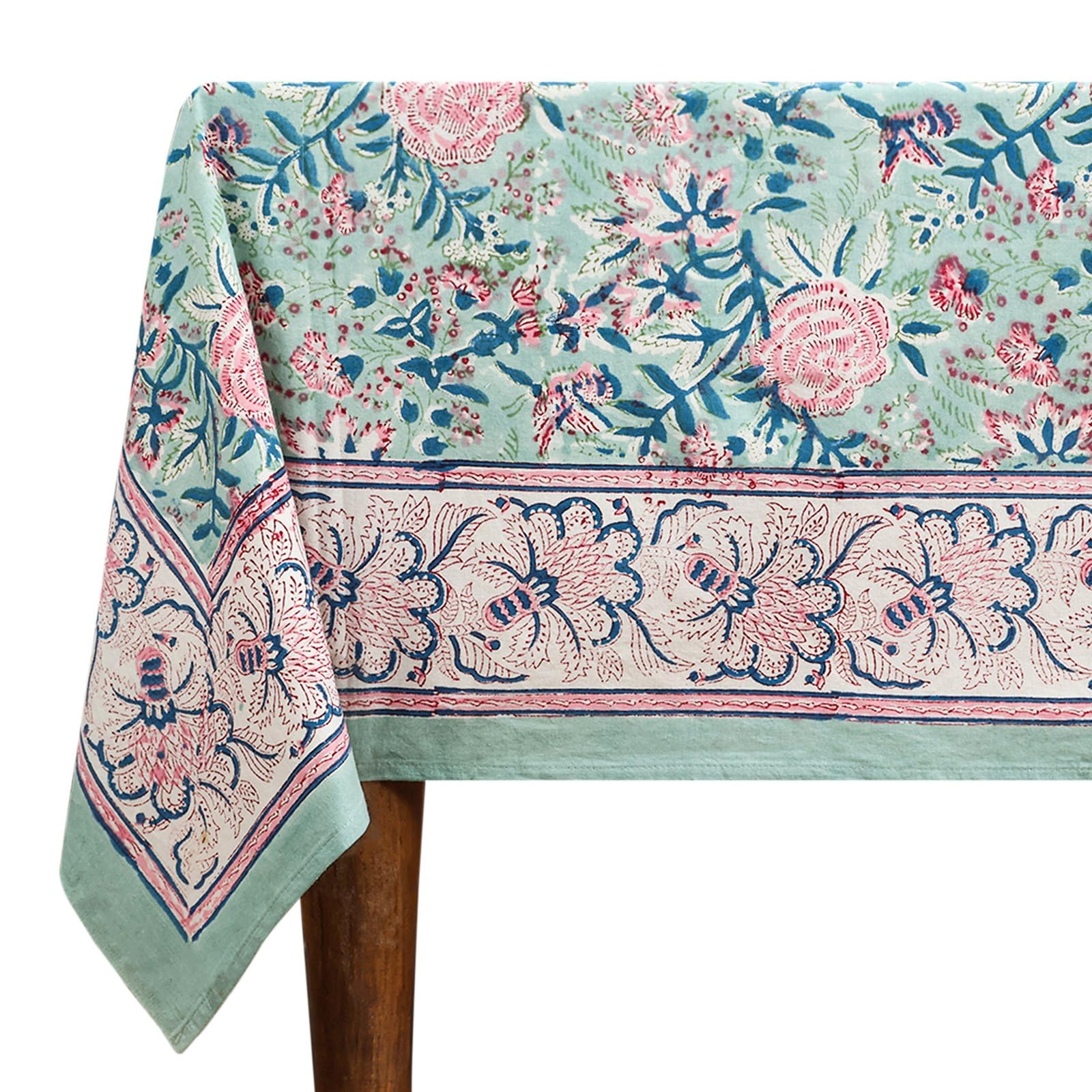 72x180 Inches Rectangle Hand Block Printed Cotton Tablecloth, Pink Green Floral Table Cloths Washable, Indian Table Linen For Dinning Home Decor Spring Autumn Outdoor Thanksgiving — image 1
