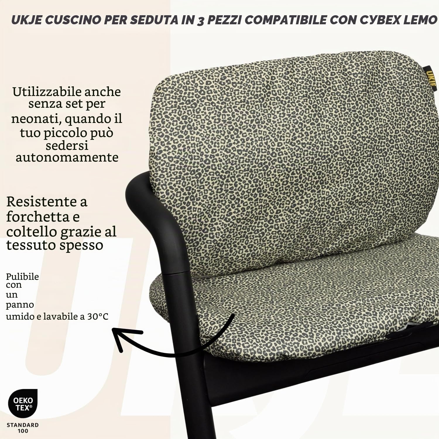 Cuscino 3 pezzi compatibile con seggiolone Lemo, set completo seduta, schienale e poggiatesta morbidi, traspiranti, facili da installare e lavabili, per pasto comodo bambino Sand Leopard Coated