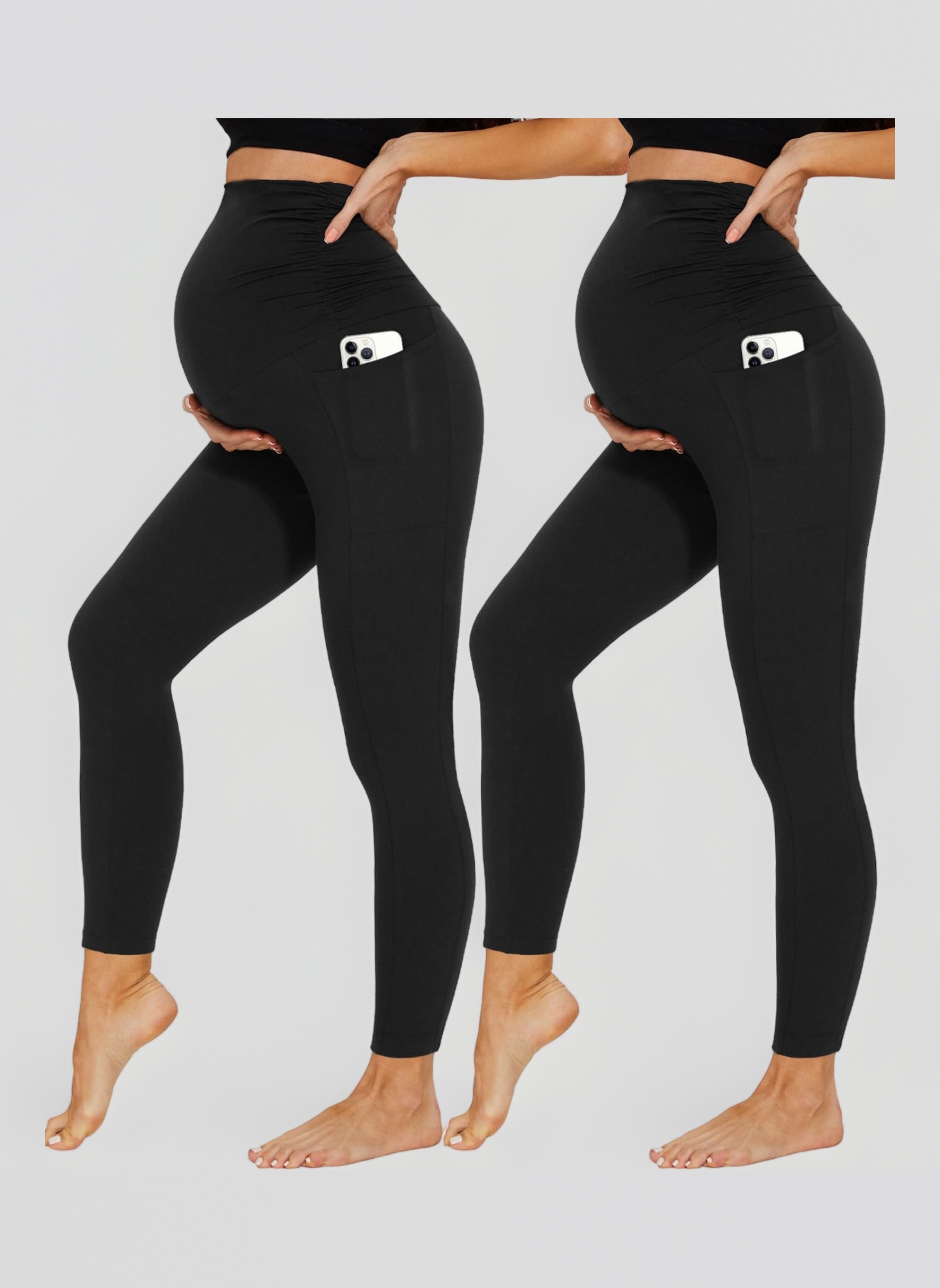2 Pack Maternity Leggings Over Bump with Pockets High Waist Black Soft Belly Support Stretchy Pregnancy Pants Yoga Workout Pajama Trousers