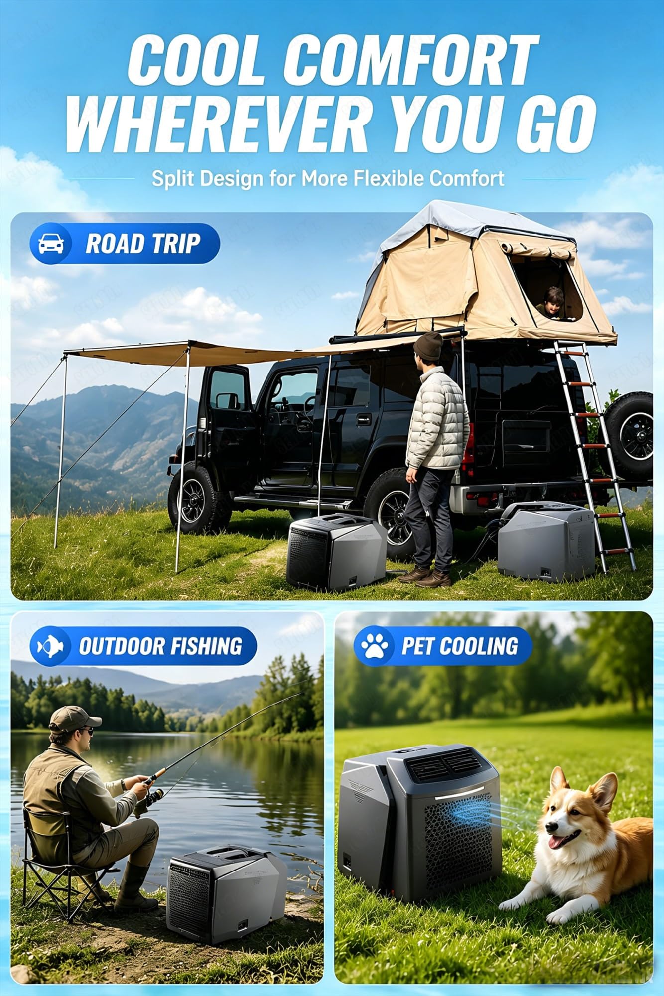 Piccola unità di condizionamento 4 in 1 per campeggio, condizionatore d'aria portatile per camper, 6200 BTU 550W, alimentazione 48V DC/110V/220V AC, dispositivo di raffreddamento compatto