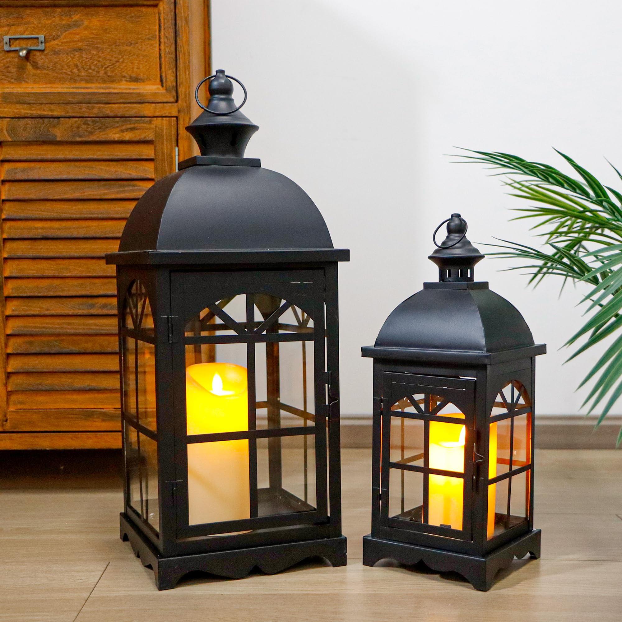 Trirocks Black Set Of 2 Decorative Vintage Candle Lanterns 51.5Cm H Farmhouse Hanging Candle Holder With Tempered Glass For Indoor Outdoor Home Patio Garden Yard Wedding Events Parties (Black)