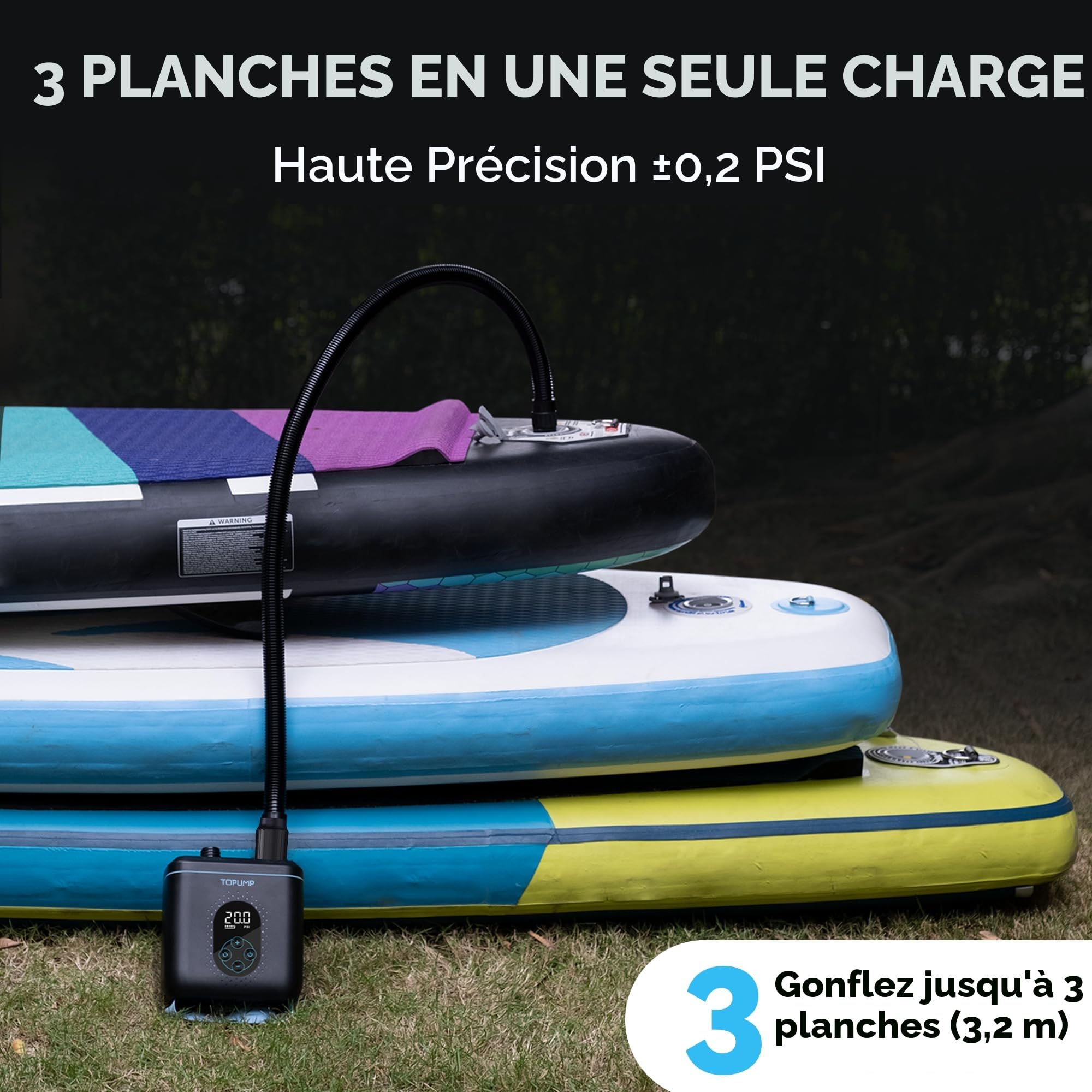 TOPUMP Pompe Sup TPS260 Rechargeable, 20PSI Pompe Élec Paddle Board Auto-Arrêt, Gonflage/Dégonflage 2 Étapes, Type-C pour Paddle, Kayak, Aile, Cerf-Volant, Tente, Bateau, Matelas