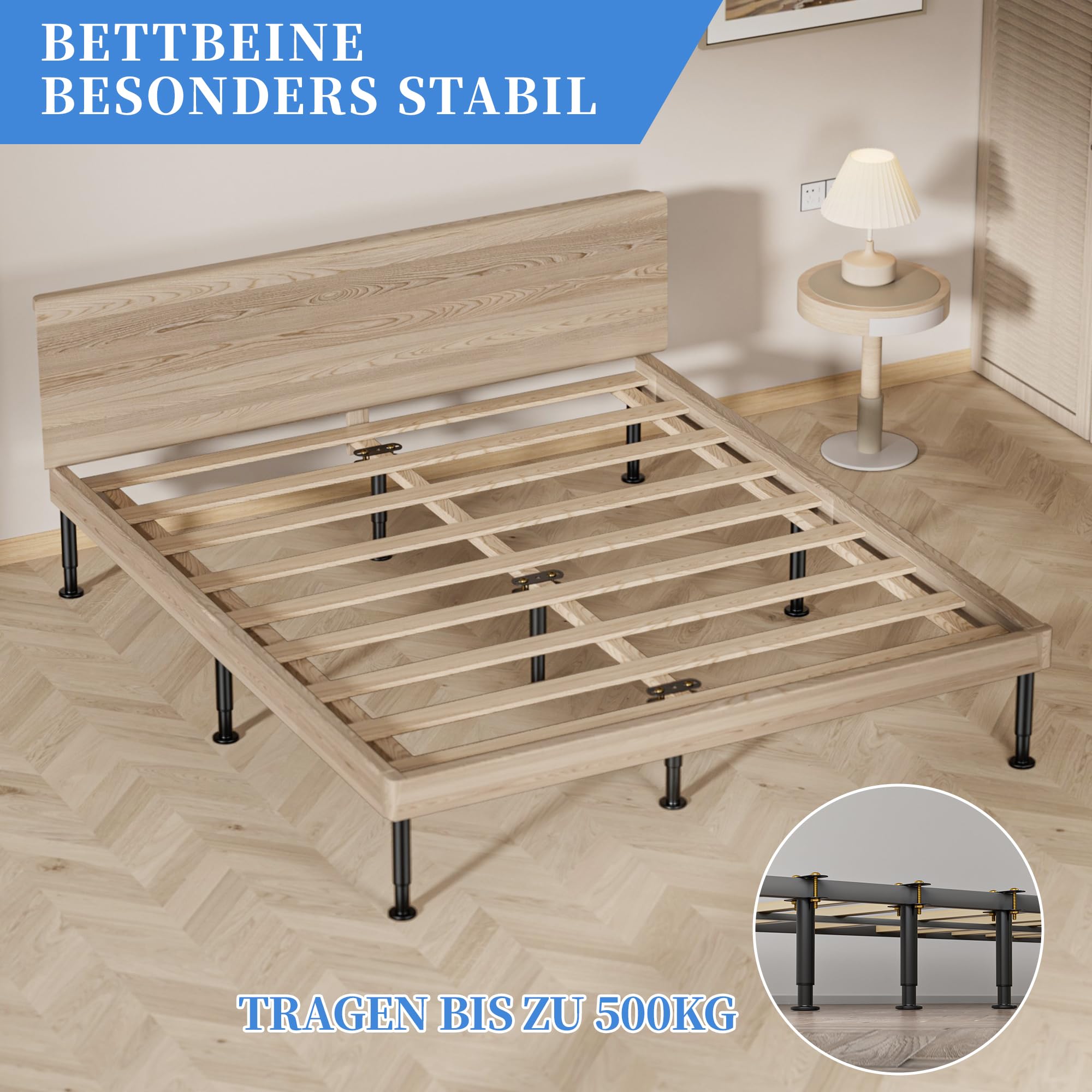 VETIN Lot de 4 Pieds de Lit Réglables en Hauteur, Pieds de Lit en Métal 18-33 cm, Pieds de Support Centraux du Cadre de Lit, Adaptés aux Lattes du Cadre de Lit/du Centre du Lit