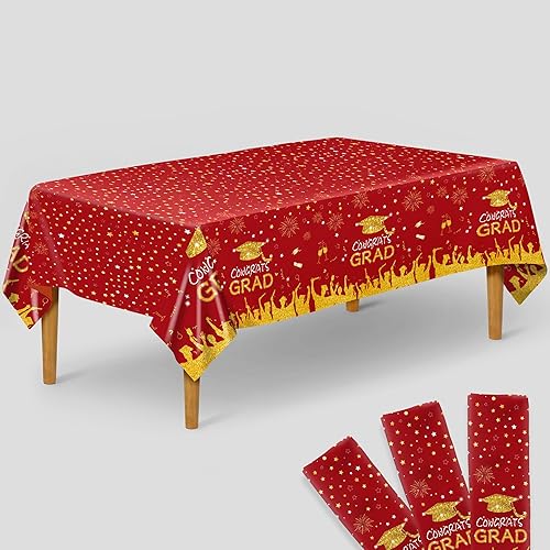 KatchOn, Mantel de graduación rojo extra grande 108 x 54 pulgadas, paquete de 3 Funda de mesa de graduación de felicitaciones color rojo y dorado
