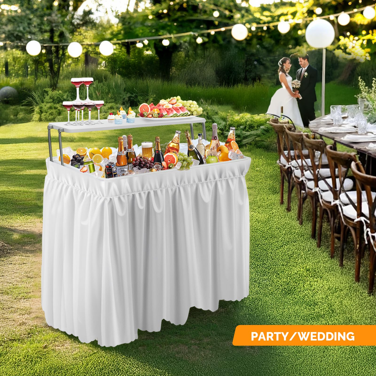 Bonnlo Kühltisch mit erhöhter Ablagefläche & Tischdecke – Klappbarer Getränkekühler aus HDPE, Eiskühltisch für Party, Camping, Terrasse, Indoor & Outdoor – bis 200 kg, 101,5 x 56 x 101,5 cm, Weiß