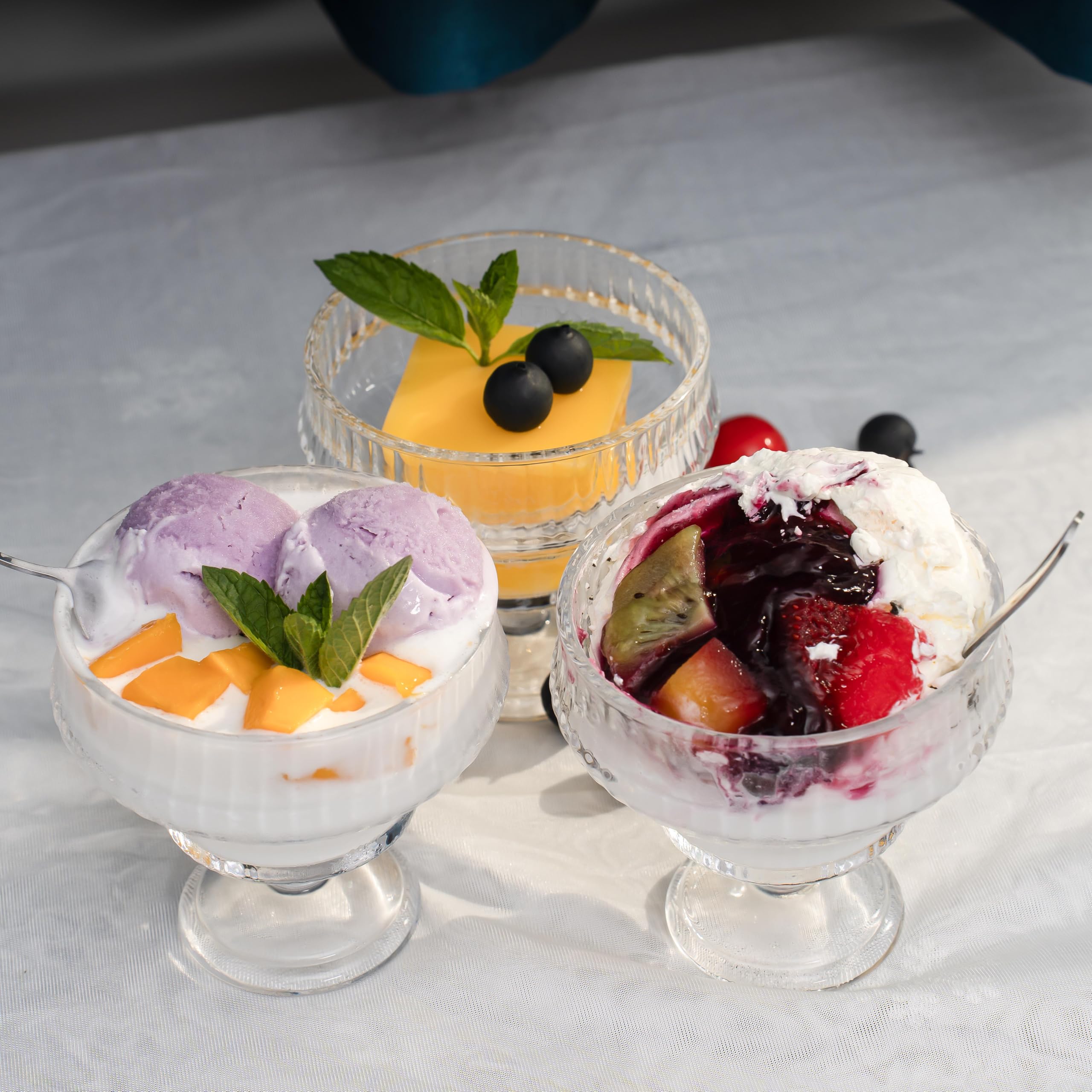 6 ciotole da dessert in vetro da 300 ml con cucchiai, ciotole per gelato con piedi in cristallo, per gelato, parfait, insalata e cocktail di gamberetti, eleganti bicchieri decorativi, snack, caramelle