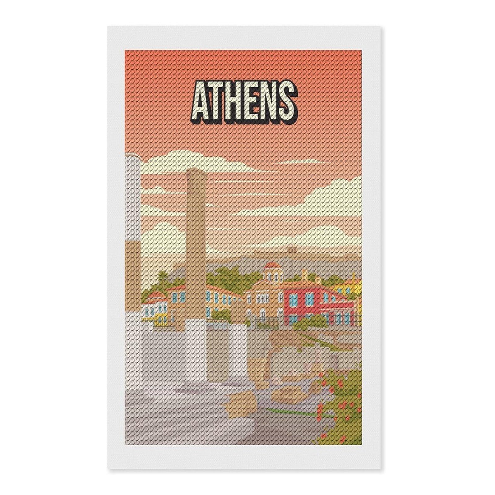 Junmoney Athens Greece Historic City Art Print Acropolis Travel DIY Diamond Art Canvas Kit 12"x20", Complete Accessories, Creative Leisure Activity, Home Wall Decor, Gift Idea