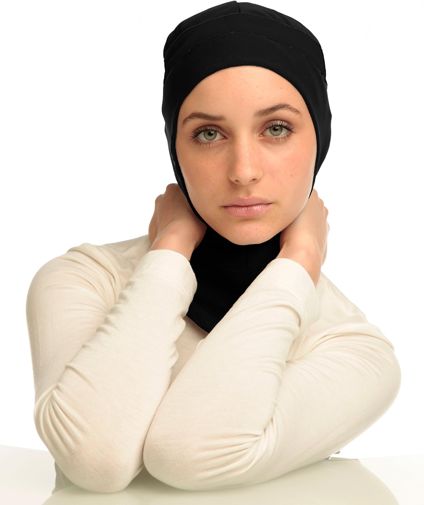 Capsters Sports Cap Runner Black Modest Pinless 1 Piece Stretch Pull On or Under Head Scarf Running Yoga Dance Soccer Basketball Hockey