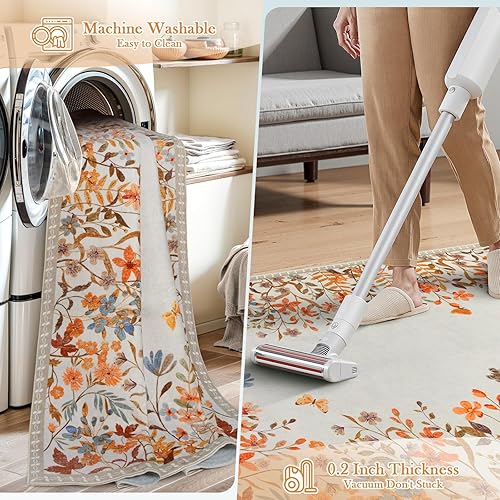 Miniatura 5 de Wonnitar Alfombra lavable de otoño de 8 x 10 pies para sala de estar, alfombra suave y bohemia con estampado floral para dormitorio, comedor