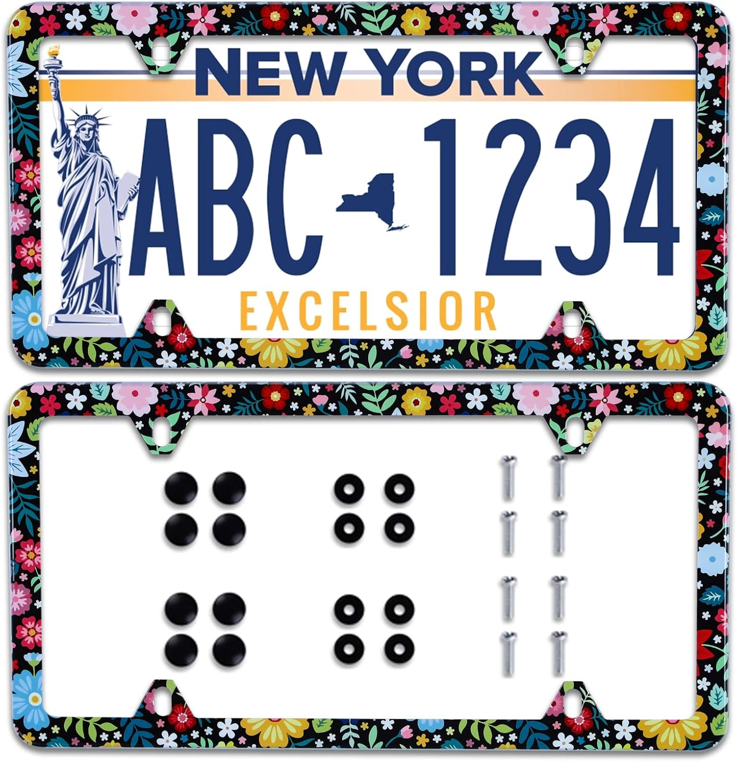 【2Pcs】 Colorful Bright Watercolor Flowers Floral Cute License Plate Frame Stainless Steel License Plate Frame Accessory Car Plate Frame Decor 12.3" x 6.3"for US Vehicle Standard Size