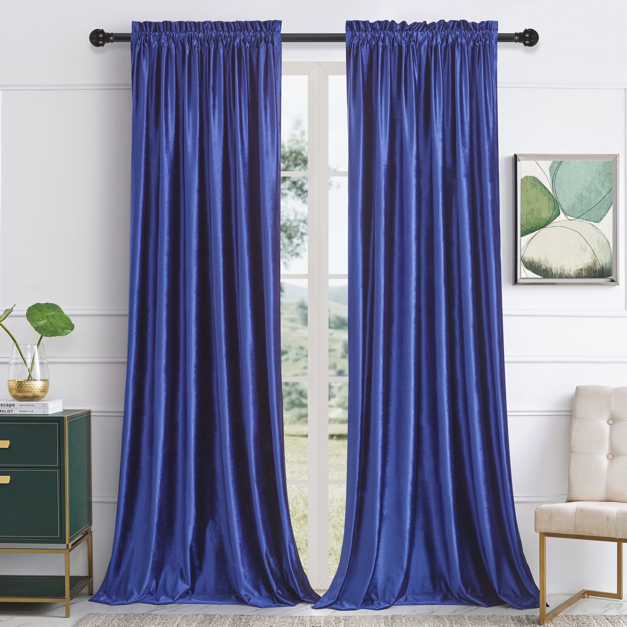 PRIMROSE Blue Curtains 96 inch for Living Room Velvet Blackout Rod Pocket Window Drapes Treatment Semi Room Darkening Decor Curtains for Bedroom Set of 2 Panels