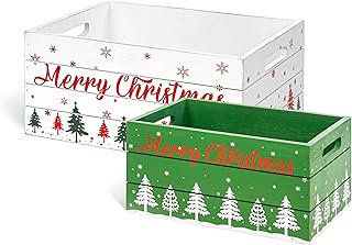 Red Co. Set of 2 White and Green Decorative Nesting Wooden Merry Christmas Storage Crate Organizers with Red Lettering
