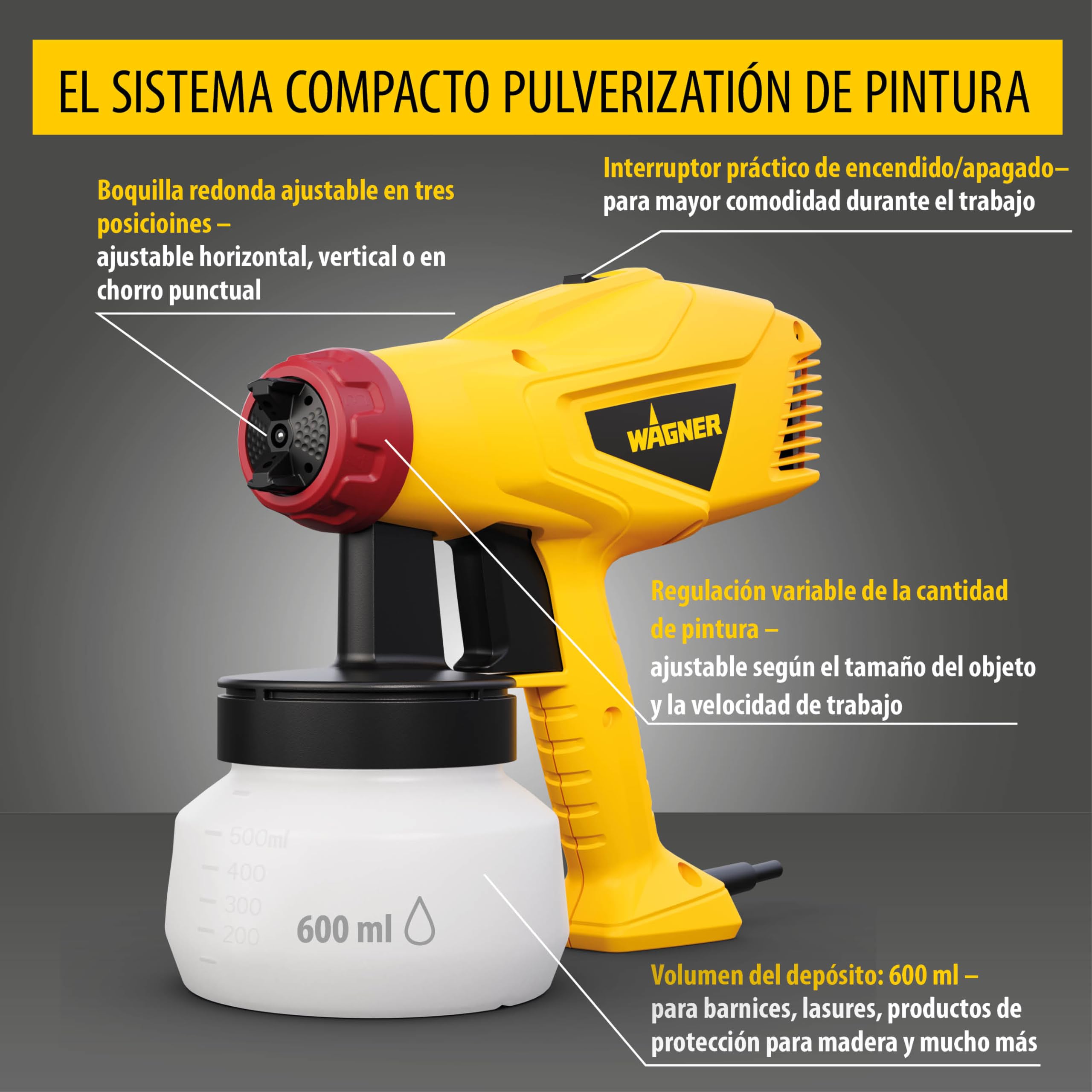 WAGNER pulverizador de Pintura Wood&Metal Sprayer W125 para Barnices y esmaltes para Interiores y Exteriores, 5m² - 10 Min., depósito 600 ml, 350 W