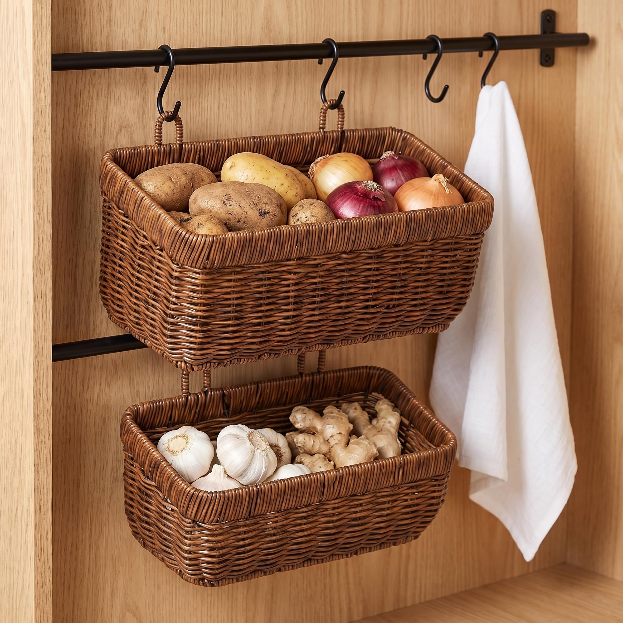FRONDENT 2 Stück Hängekörbe Für Küche,Aufbewahrungskorb Zum Aufhängen An Der Wand,Retro-Dekorationsblumenkorb,Obstkörbe,Gemüse Aufbewahrung Organisation,Aufbewahrungsbehälter Ohne Deckel(Braun-M+L) Küche, Haushalt & Wohnen