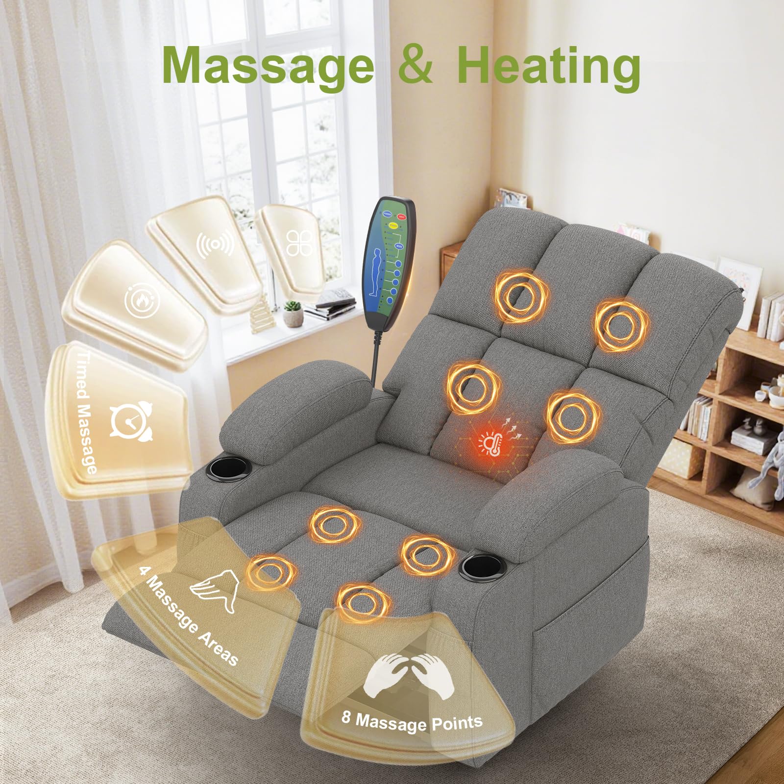 Sillón de relax de masaje, eléctrico, ajustable, con función reclinable, función de masaje, función de calor, tipo C y puertos USB, 4 bolsillos laterales, 2 soportes para bebidas, sillón de