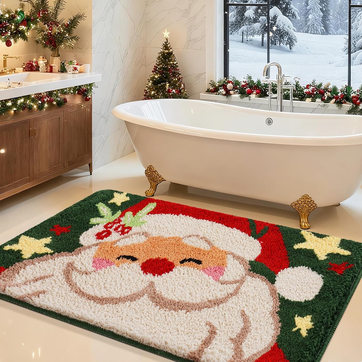 Christmas Bathroom Rug 30"x20", Extra Soft Absorbent Microfiber Thick Plush Fluffy Bathroom Rugs, Non-Slip Backing, Machine Washable Bath Rugs, Holiday Xmas Decor Indoor Bath Mats, Green, Santa Claus