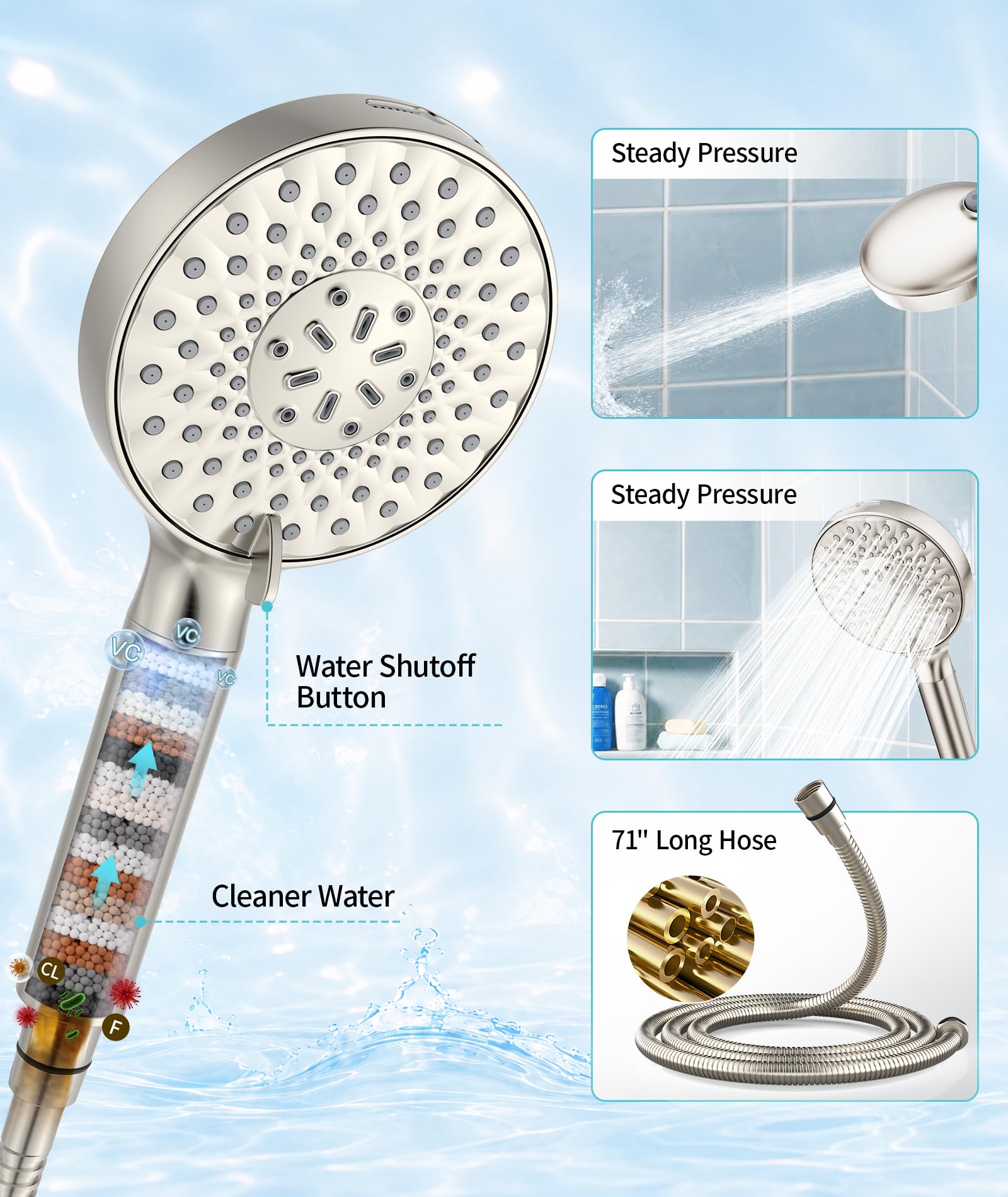 Filtered Shower Head with Handheld, High Pressure 9 Spray Mode Brushed Nickel Showerhead Filters, detachable head,Water Softener Beads for Hard Water - Remove Chlorine 3