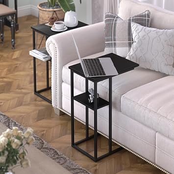 Yusong C Shaped End Table, 2 Tier Side Tables Slide Under Sofa Couch Bed, Small TV Tray Bedside Table for Small Spaces, Living Room, Bedroom, Black