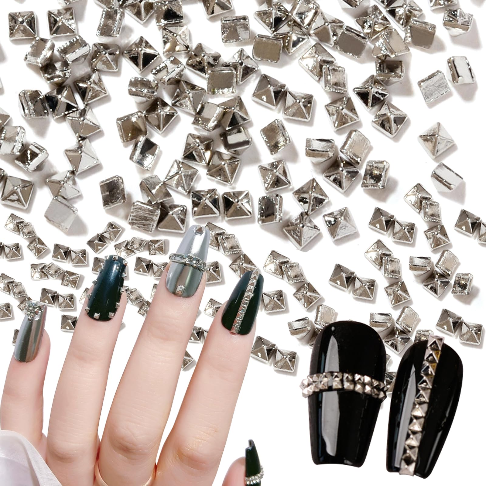 WOKOTO 600 PCS Silver Pyramid Nail Charms, 3D Silver Pyramid Rivet For Nails, Metal Punk Nail Studs, Gothic Nail Charms, Cone Studs-image-28
