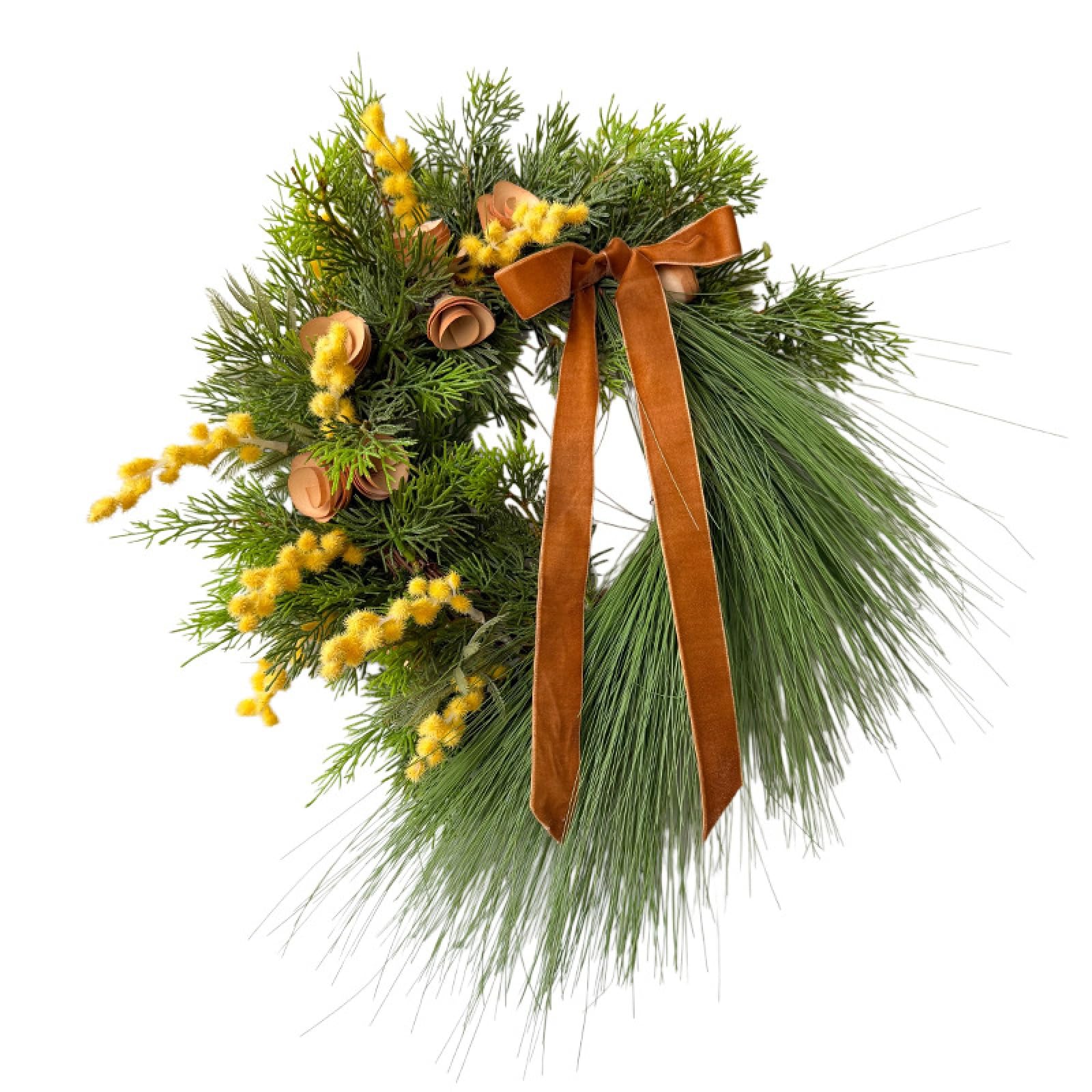Wreath for Front Door, 40cm Artificial Pine & Mimosa Wreath with Velvet Bow, Rustic Spring Front Door Wreath, Greenery Floral Decor for Home & Seasonal Use (40cm,Green)
