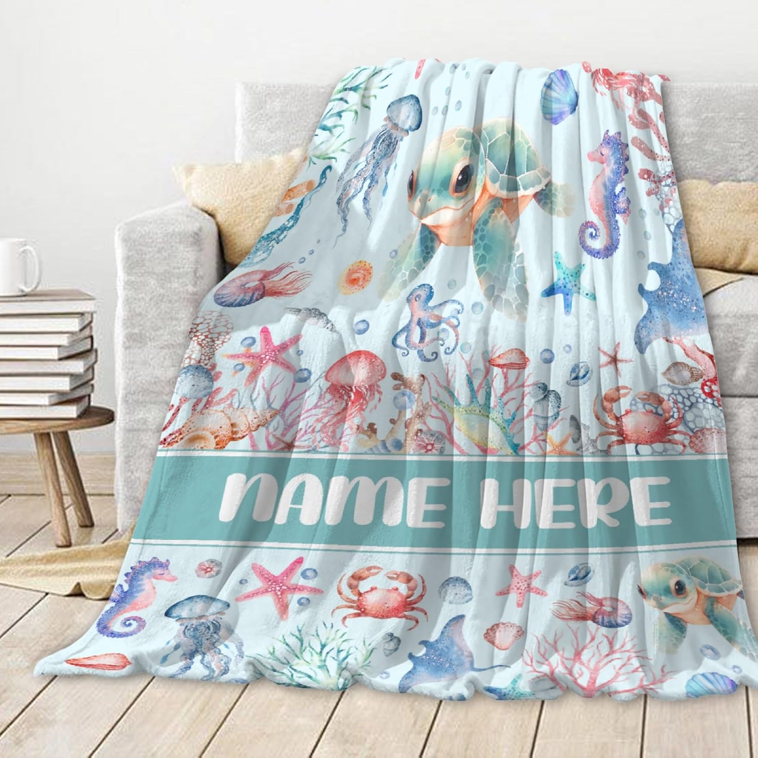 Custom Sea Turtle Throw Blanket, Personalized Baby Name, Swaddle Blanket for Newborn to Toddler, 40"x50"