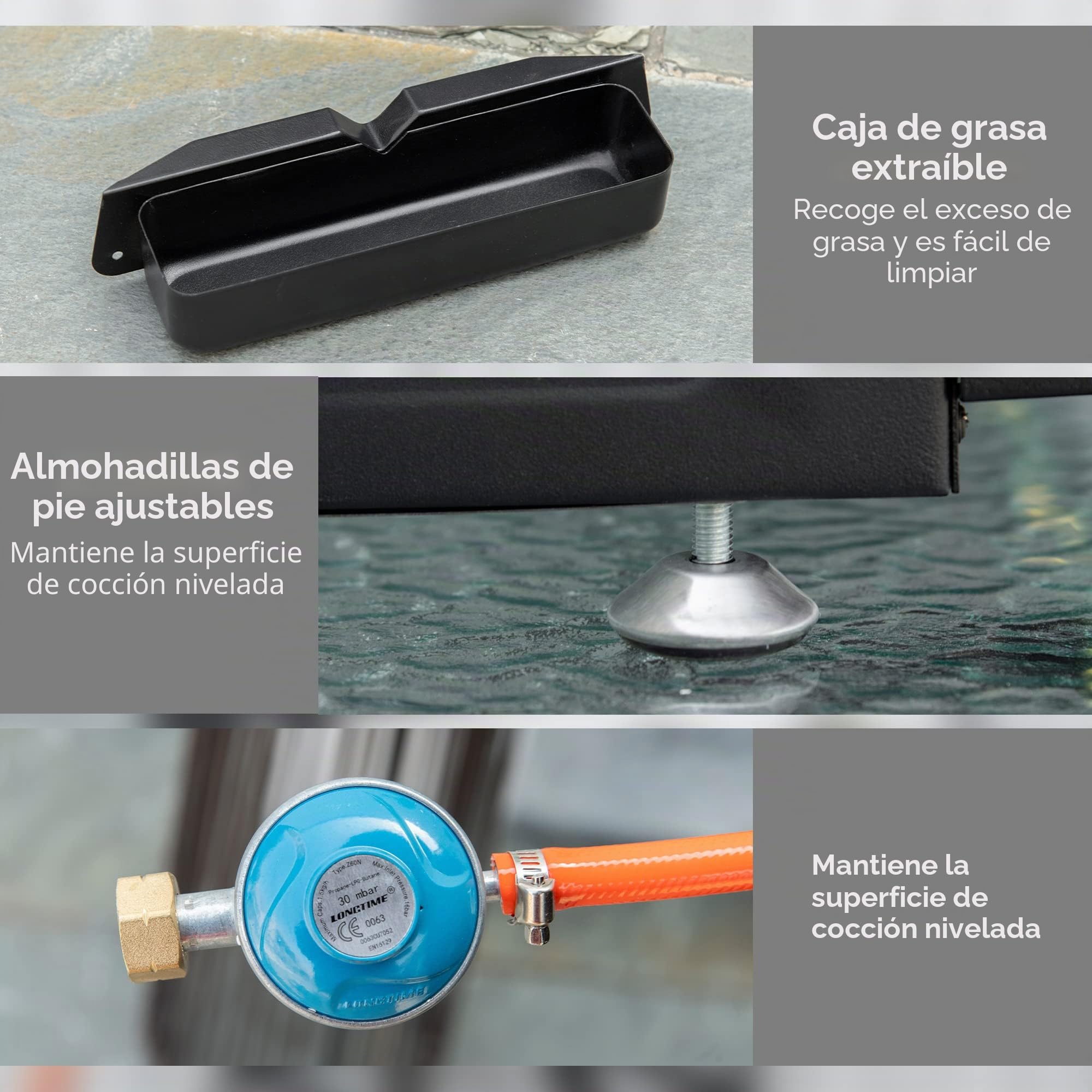 Outsunny - Plancha de gas (acero inoxidable, 3 quemadores, 9 kW, antiadherente, gran superficie de la parrilla, 61 x 35,5 cm)